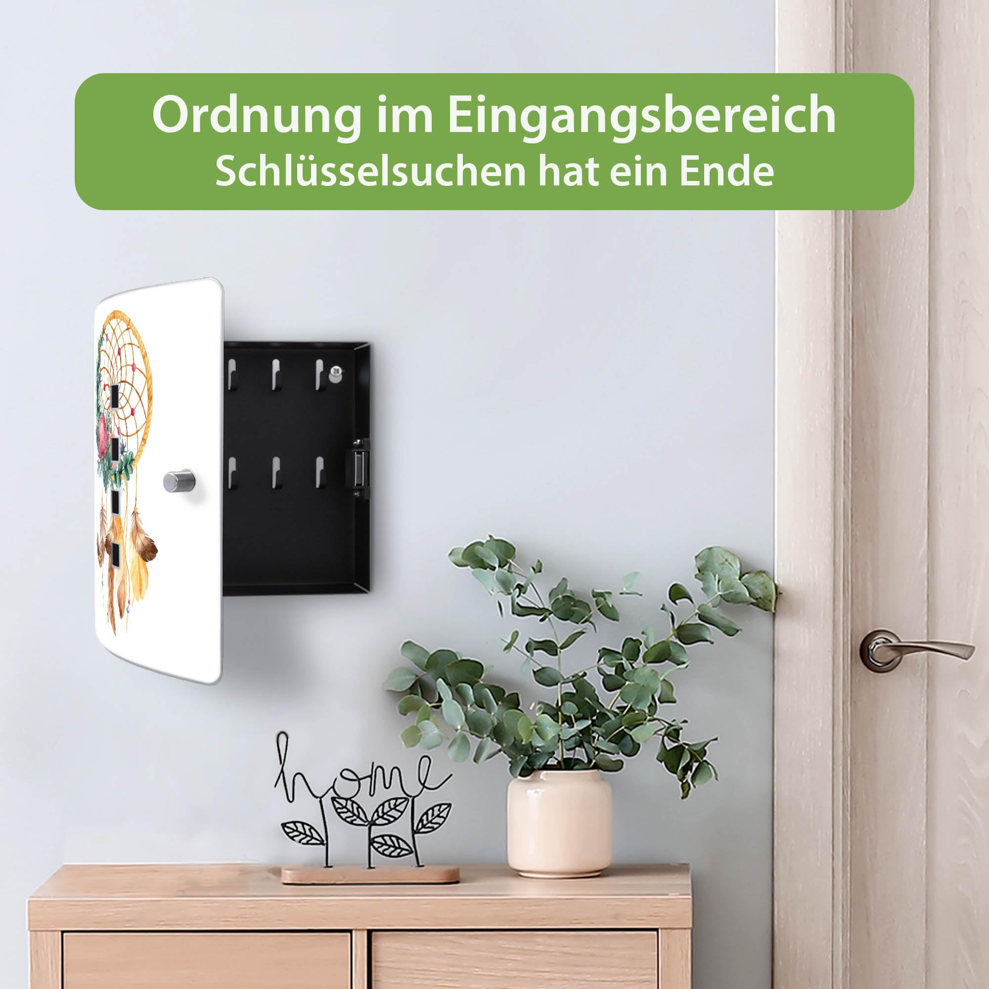 banjado Design Schlüsselkasten aus Edelstahl für 10 Schlüssel - Schlüsselschrank zur Schlüssel Aufbewahrung 24 x 21,5 x 7cm groß mit praktischem Magnetverschluss - Motiv Traumfänger Federn und Blumen