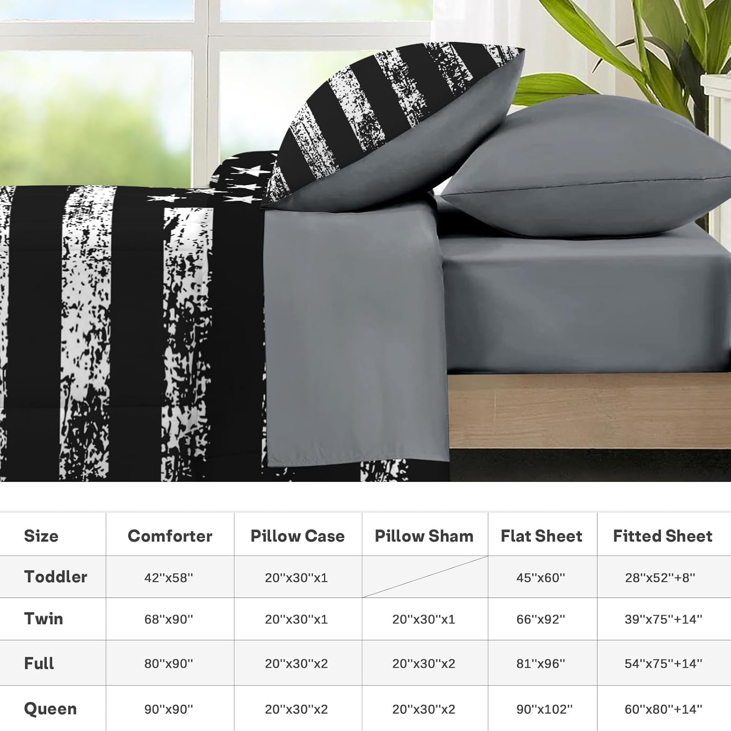 Nesker 7 Pcs Comforter Set Queen Size, Black White USA American Flag Bedding Set for Kids and Adults, Vintage Stars Stripes Flags Boys Sheets Bed Sheet Sets with Fitted Sheet 2 Pillowcases & 2 Shams