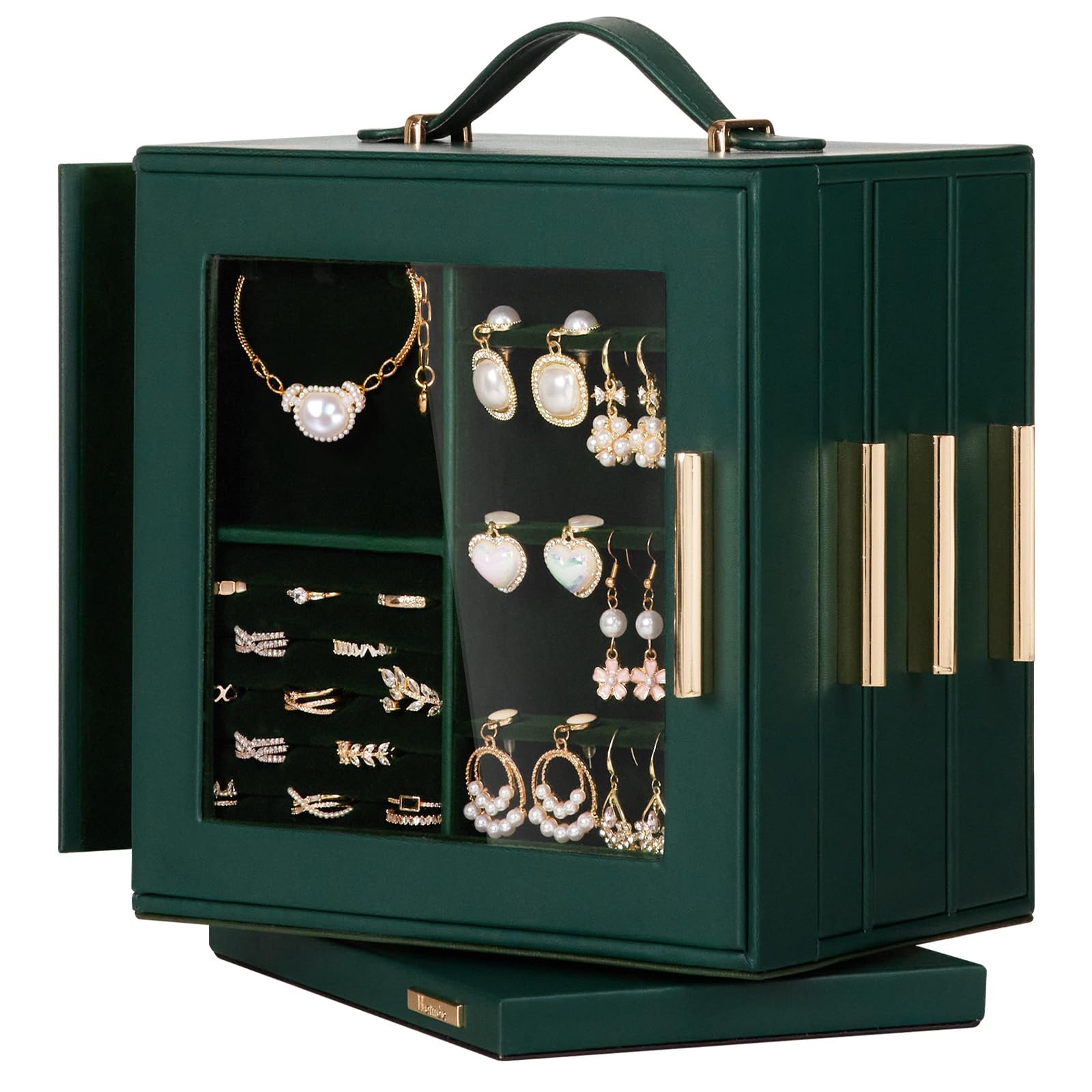 Homde Jewelry Box 360° Rotating, Necklace Earring Organizer with Transparent Window, Mirror, 7 Drawers, Large Ring Display Storage Case for Girls Women (Forest Green)