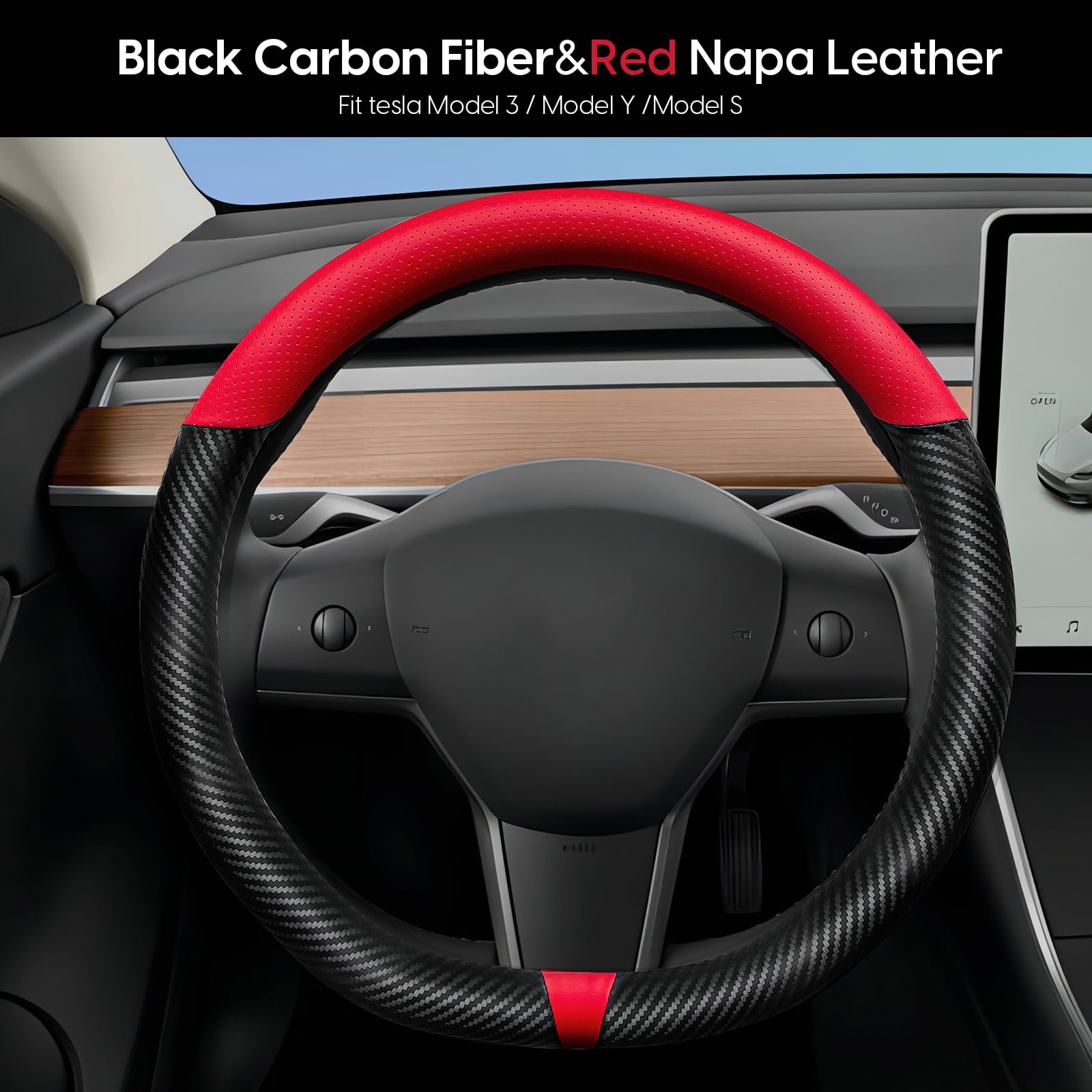 Carbon Fiber Steering Wheel Cover for Tesla Model 3/Y, Red Napa Leather, Easy to Grip, Tight Fit, Black Steering Wheel Covers for Model 3/Y Accessories (Red Napa-Carbon Fiber)