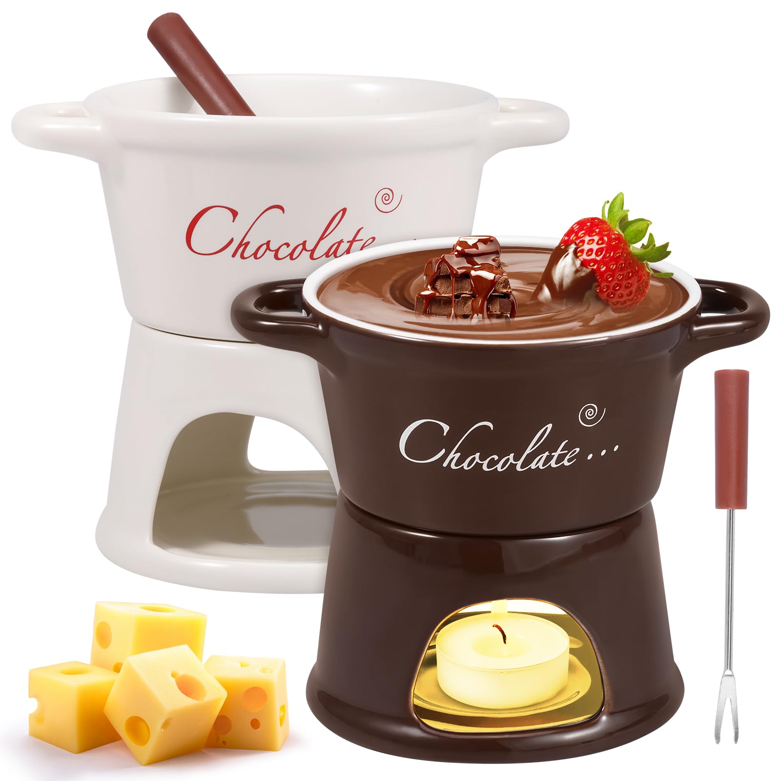 2 Pièces Tasse à Fondue au Chocolat, 300ml Services à Fondue au Chocolat avec Fourchettes- Mug Fondue au Chocolat en Céramique - Tasse Chauffante pour Chocolat et Fromage Bonbons Cadeaux