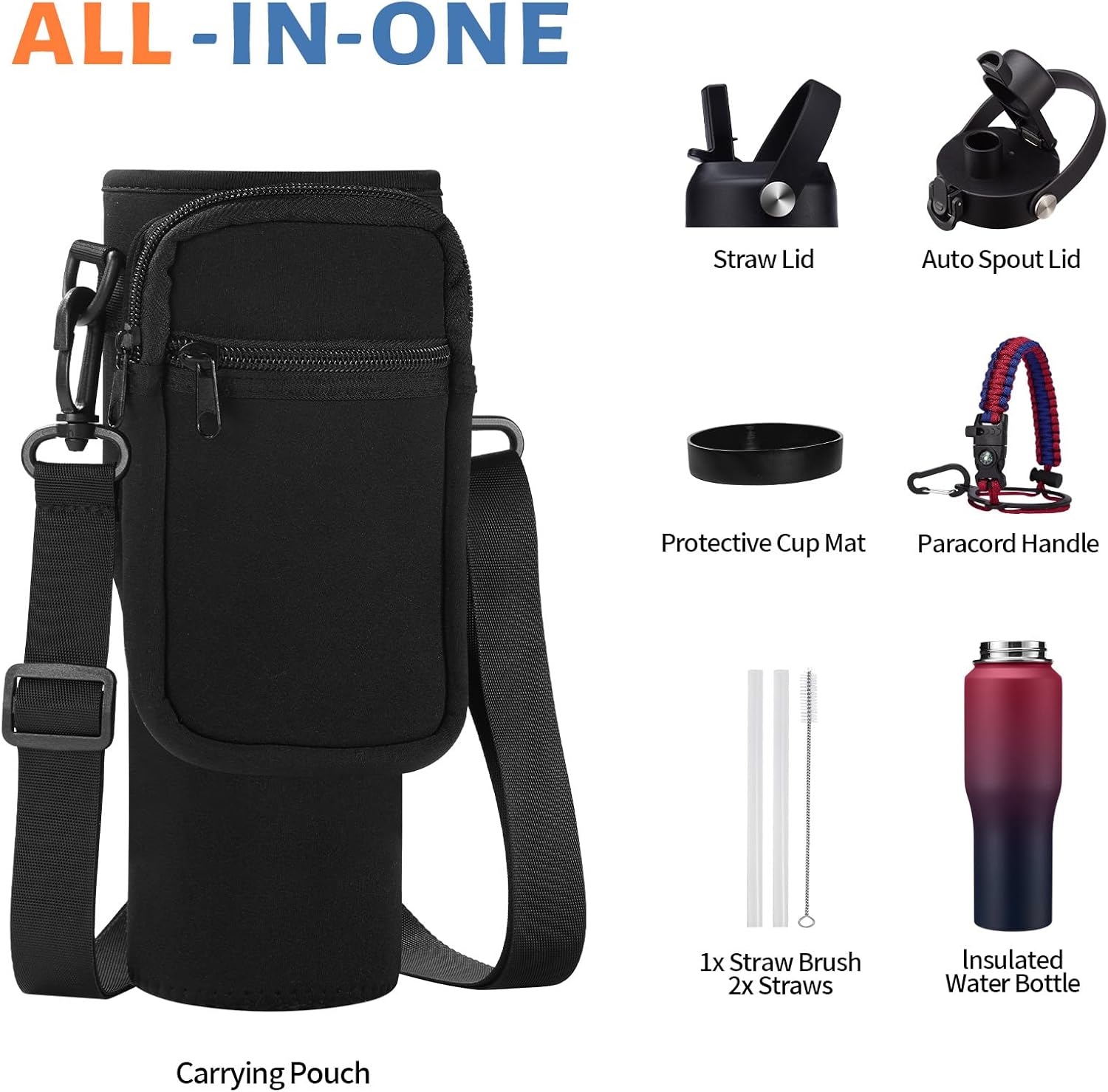 32/40 oz Insulated Water Bottle with straw Fit in any Car Cup Holder, Keep Cold 48H Hot 24H,Stainless Steel Water Bottle with Spout lid, Carrier Bag, Paracord Handle for Gym, Workout & Beach - Image 6