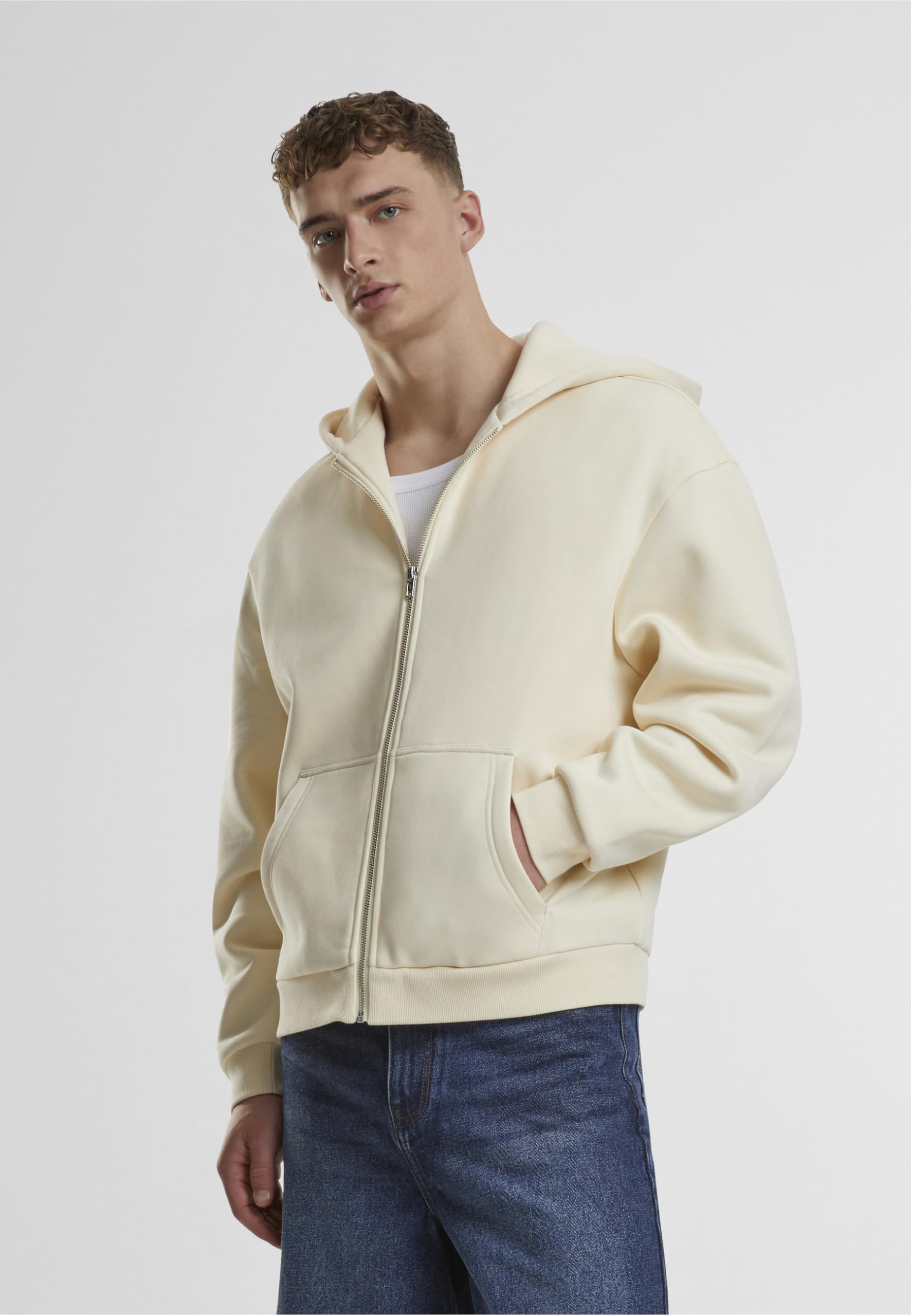 Urban Classics Męska bluza z kapturem Fluffy Zip Hoody, puszysta bluza z kapturem z zamkiem błyskawicznym, bluza z kapturem dla mężczyzn, oversize fit, Whitesand, M