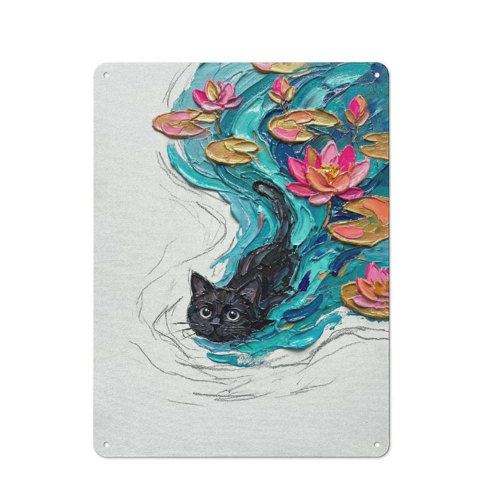 Junmoney Style-16 Retro Metal Wall Sign 40X30cm With Black Cat In Water Lily Pond Painting For Home Bar Wall, A Decorative Gift For A Newly Furnished Home Bar