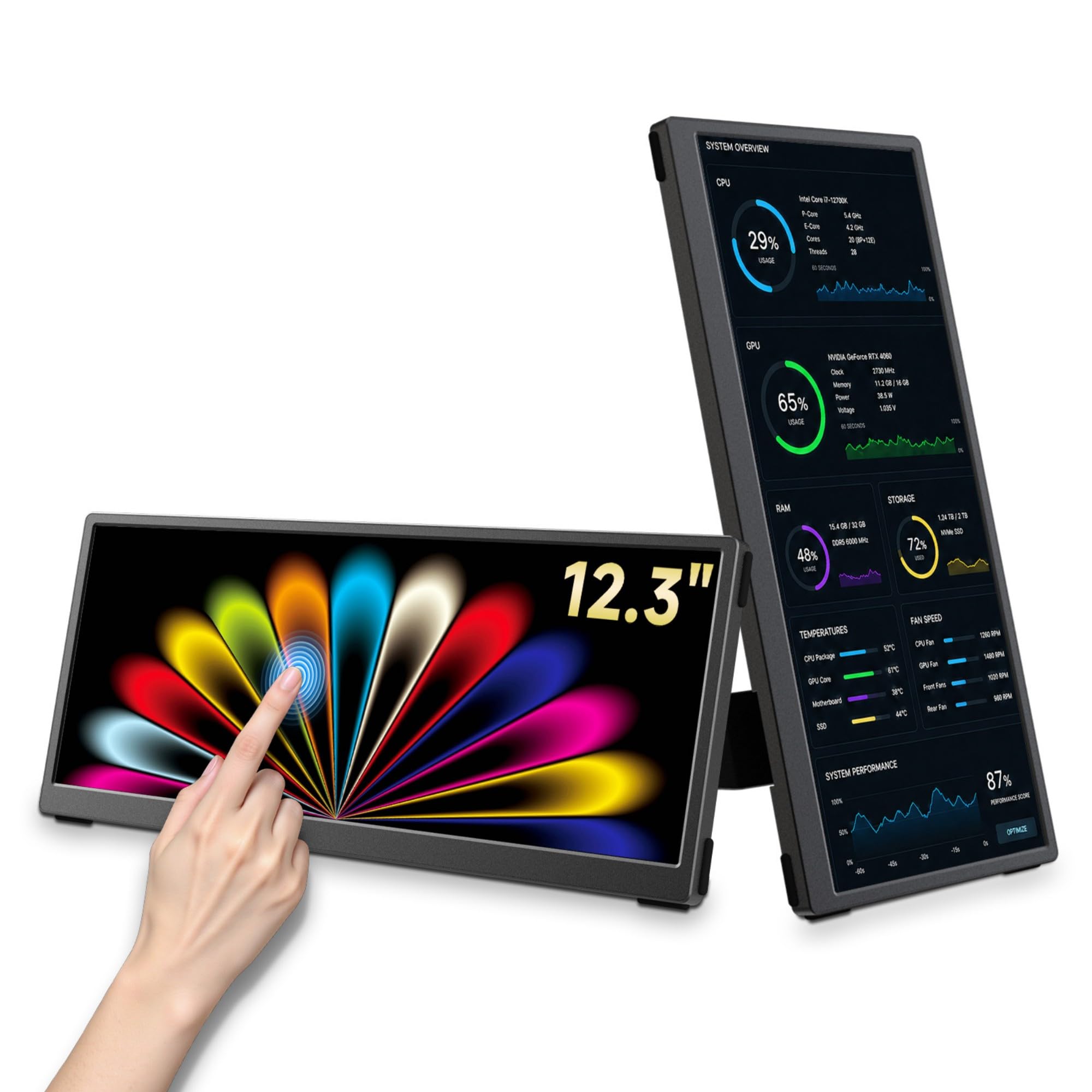 Qunub 31,2 cm (12,3 Zoll) Stretched Bar Touch Monitor für PC-Gehäuse AIDA64 | 1920 x 720 IPS-Bardisplay mit Ständer, VESA-Halterung, AIDA64, Single USB-C 10-Punkt-Touch für PC & HDMI-Setup für Raspberry