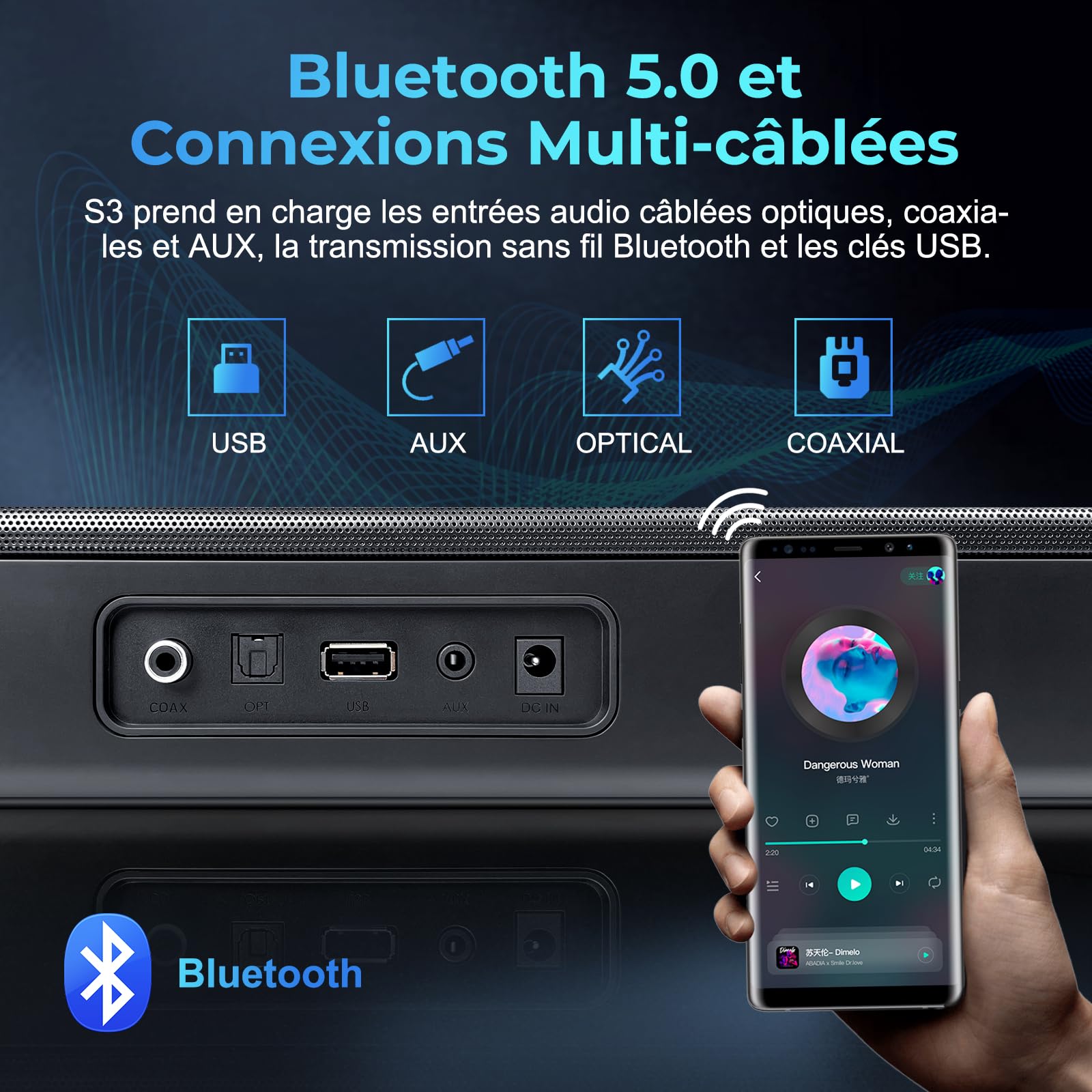OXS S3 Barre de Son pour TV, Audio Home Cinéma avec Bluetooth 5.0, Basses Dynamiques, Son Ambiant 3D, Amélioration du Dialogue, compatible AUX/Optical/Coaxial, Modes Sonores Multiples, Fixation Murale