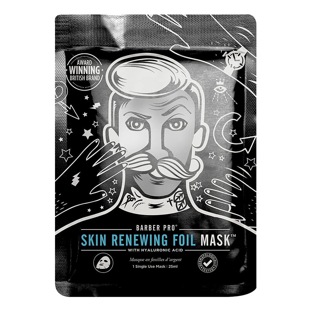 Beauty Pro BARBER Skin Renewing Foil Mask, With Hyaluronic Acid & Q10, Hydrating & Restoring, Great For Dry Skin, 20 Minute Treatment 25ml Single Use Mask