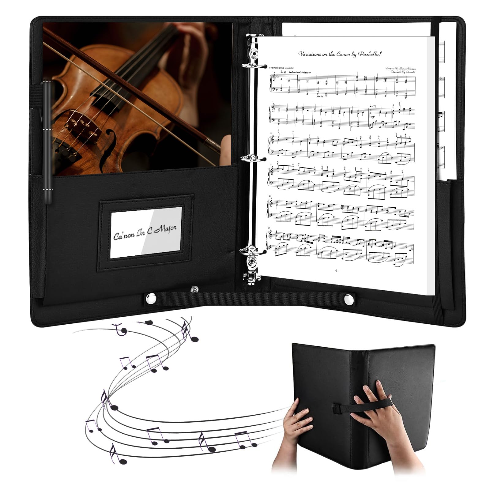 Carpeta para partituras A4 Coro Negro para cantantes con bolsillo interior y correa de mano de lujo a negro para partituras, carpeta para partituras A4 elastina – correa, función impermeable