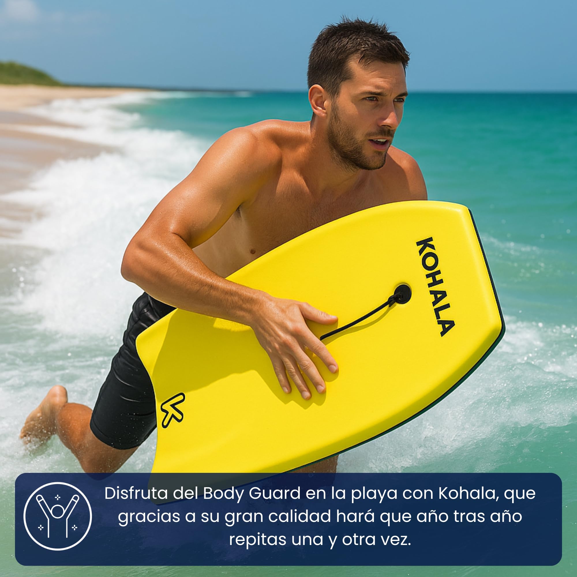 KOHALA Tabla Bodyboard 40/42 Pulgadas Amarillo para Jóvenes y Adultos con Correa de Seguridad