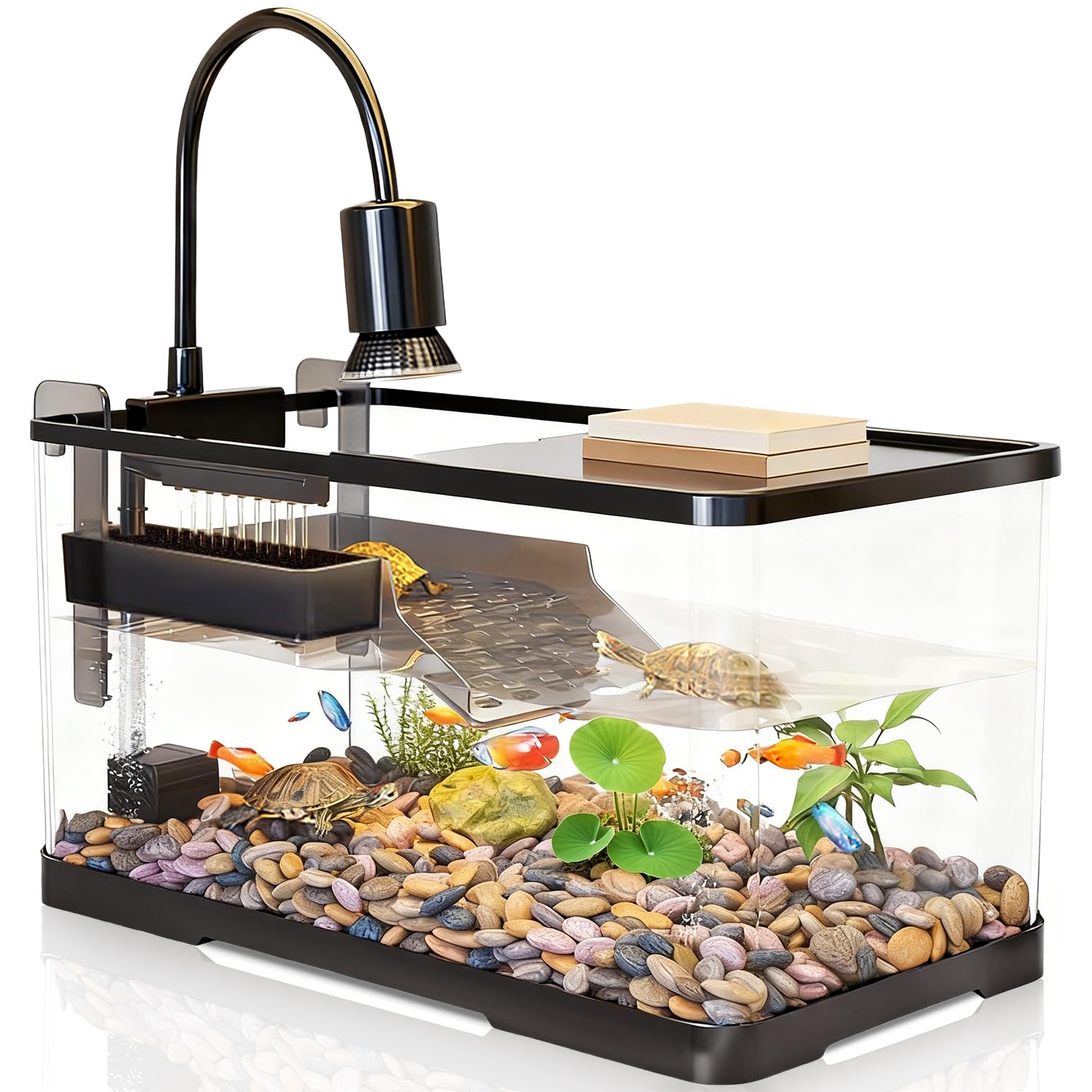 Photo 1 of (Tank + Light +Pump + Filter + Filter Balls) Turtle Tank Kit, Turtle Tank Starter Kit,Bottom Drainage, Multi-Function Areas for Turtles, Crabs,Fishes, Amphibians,Reptiles. (15.75 x 8.64 x8.64 Inch)