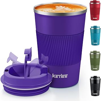 KETIEE Travel Mug Insulated With Leakproof Lid, Reusable Double Walled Coffee Cup, Stainless Steel for Hot Cold Drinks, 380ml Deep Purple