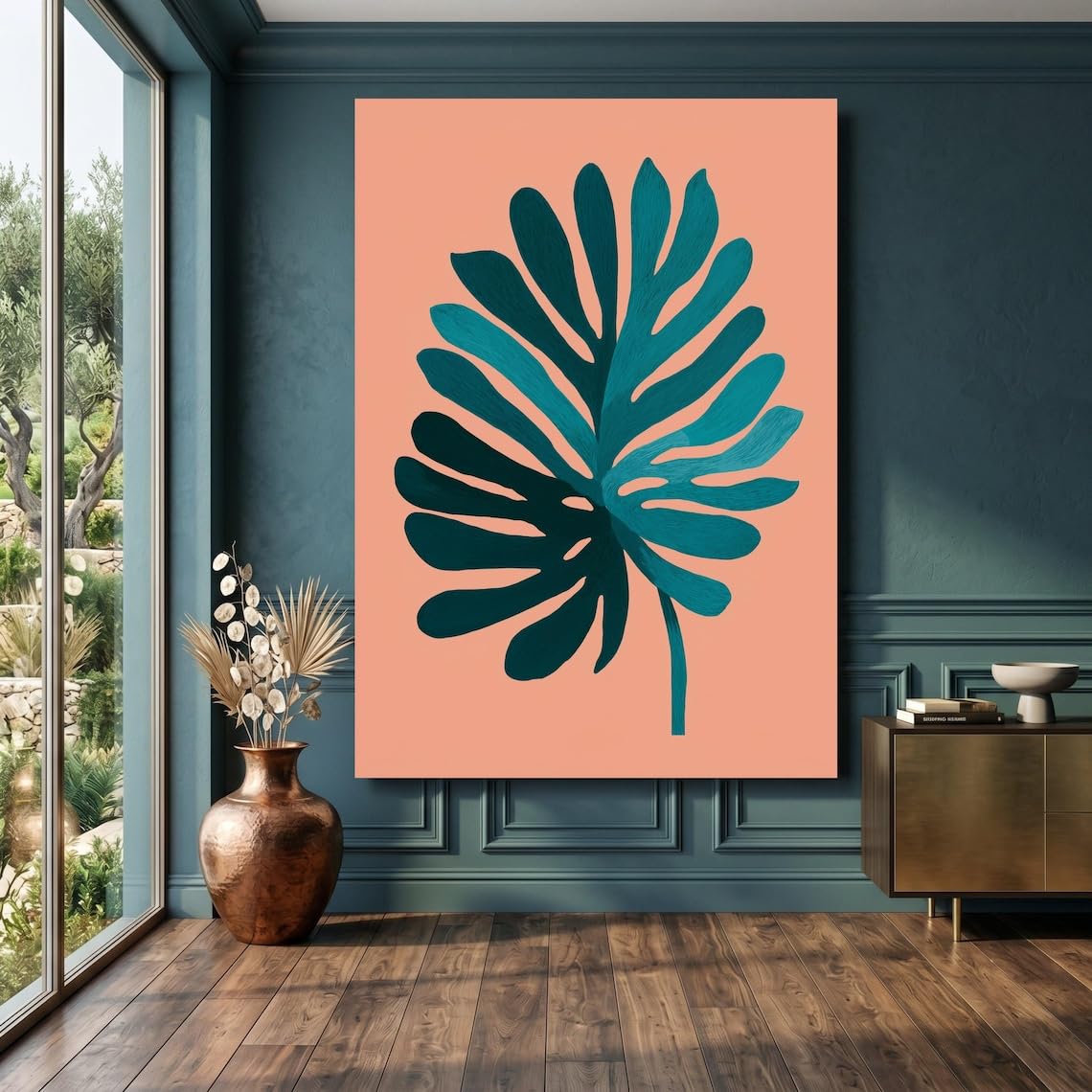 CAOXTART Obraz liści Monstera, naturalna botaniczna sztuka ścienna, niebieski i zielony obraz na płótnie roślin, minimalistyczny tropikalny liść ilustracja (20 x 30 cm/ramka wewnętrzna)