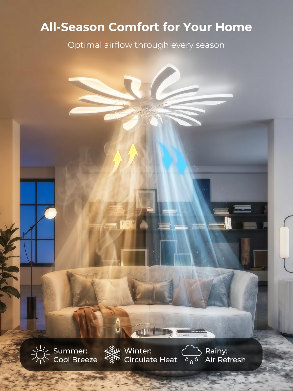 Smart Lampadario con Ventilatore da Soffitto, WiFi Plafoniera con Ventilatore Compatibile con Alexa Google Home, Lampada con Ventola Techo per Camera da letto, Cucina, Bianco