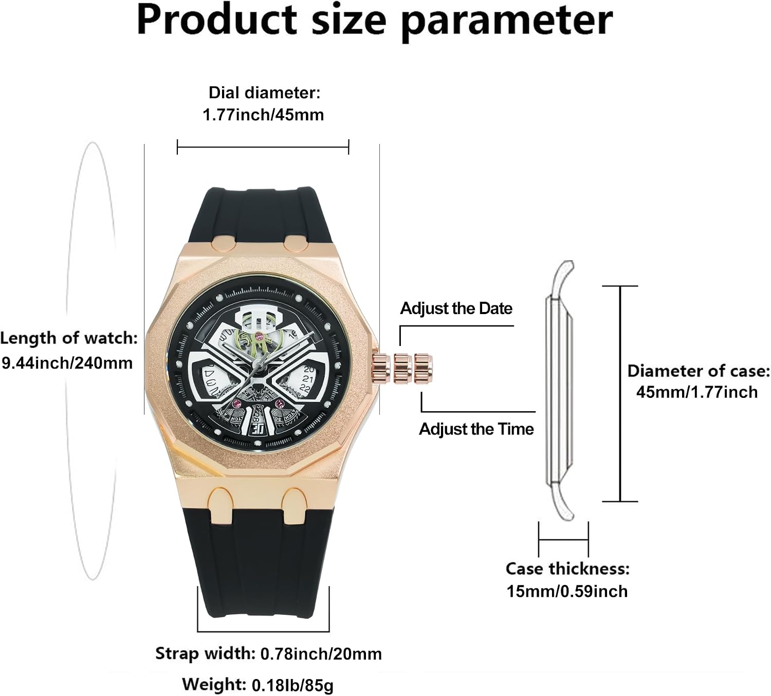 BARAMON Men's Watches Skeleton Stainless Quartz Watch Fashion Casual Wristwatch for Men Adjustable Silicone Band Male Clock Waterproof Sport Business