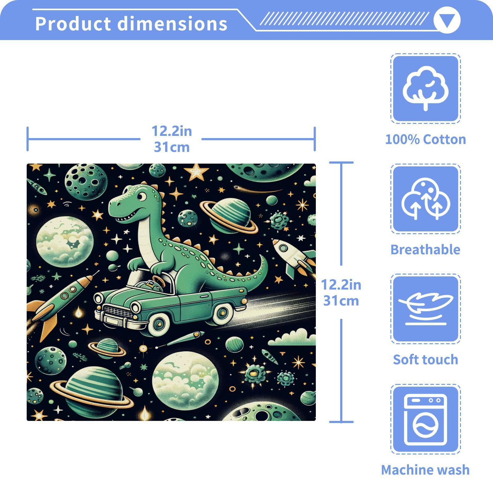 YANENDIE Space Dinosaurs Green Washcloths Towels, Highly Absorbent and Soft Cotton Face Cloths, 2 Pack Quick Dry Wash Cloths - 12 X 12 Inches