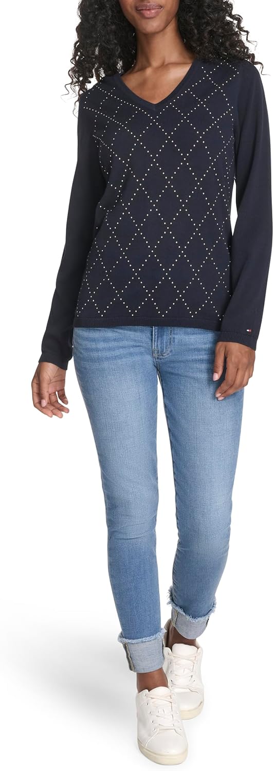 Tommy Hilfiger Womens Long Sleeve V-Neck Hotfix Cotton Sweater - Image 2