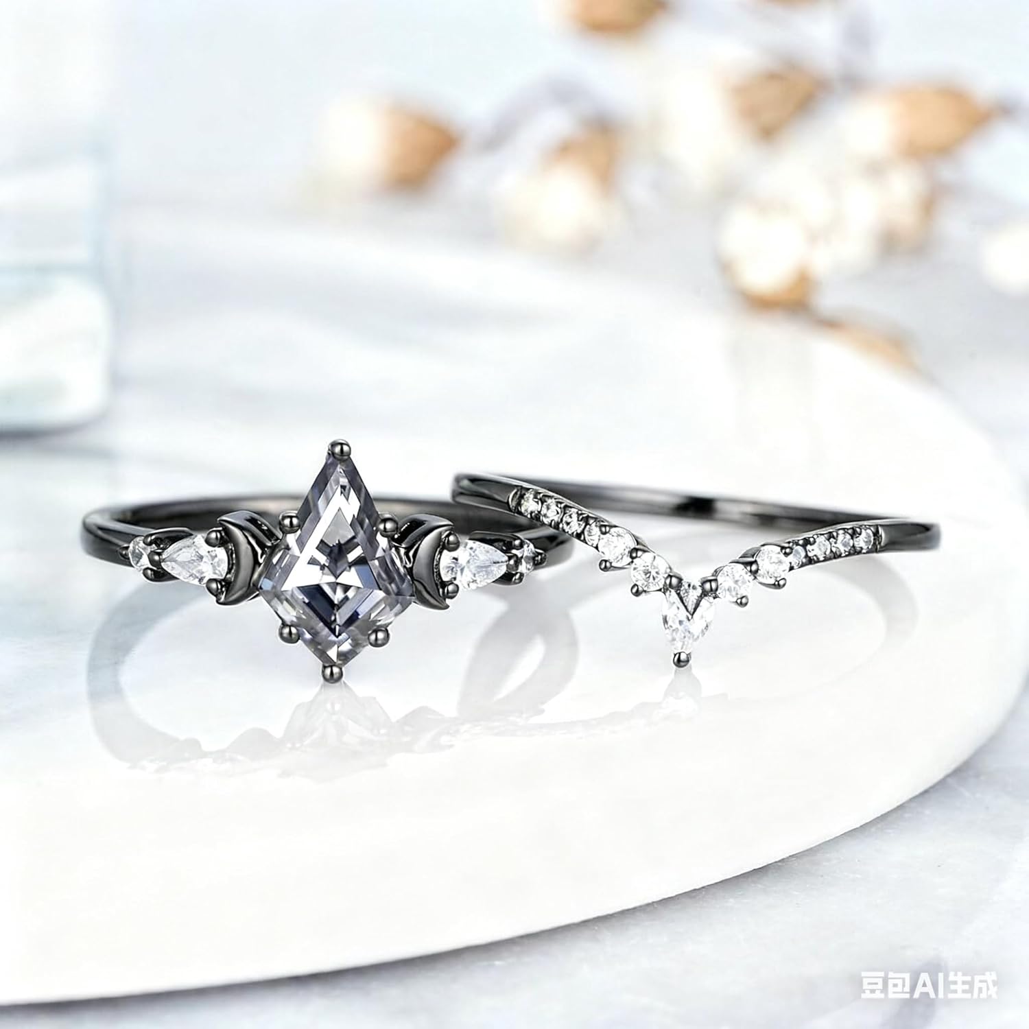 1.5 Ct Kite/Round/Marquise/Pear/Oval Cut Gray Moissanite Engagement Ring Set for Women Gothic Grey Moissanite Wedding Ring Set 925 Sterling Silver 10K 14K 18K Gold Black Gold Bridal Rings for Women