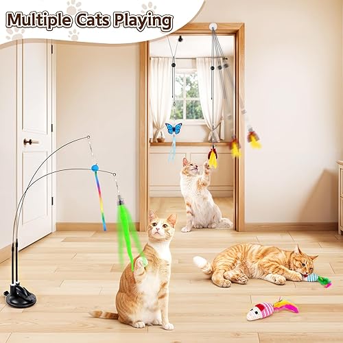 Miniatura 4 de HONGDDY Juguetes para gatos de interior, 14 juguetes interactivos 4 en 1 para gatos, varita colgante para puerta con ventosa, bolas de plumas