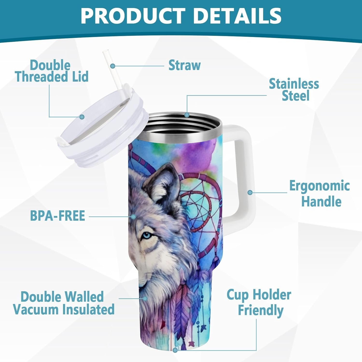 YETTASBIN Wolf 40 oz Tumbler with Handle, Stainless Steel Vacuum Insulated Sports Water Bottle, Leak-proof Travel Coffee Mug Cup with Lid and Straw for Water, Iced Tea or Coffee - Image 4