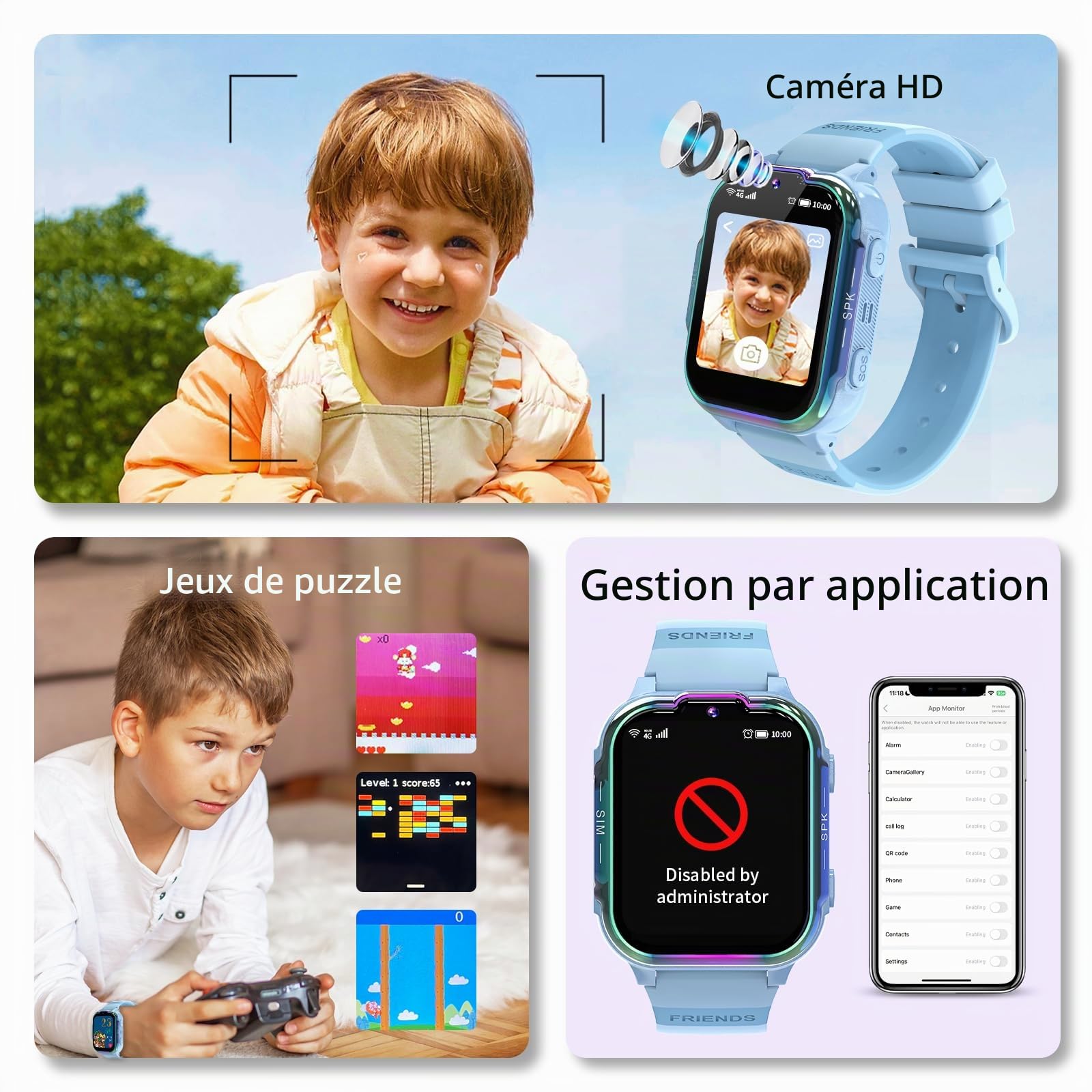 UBUNRER 4G Montre Connectée Enfant Traceur GPS Appel Vidéo SOS Jeux Réveil