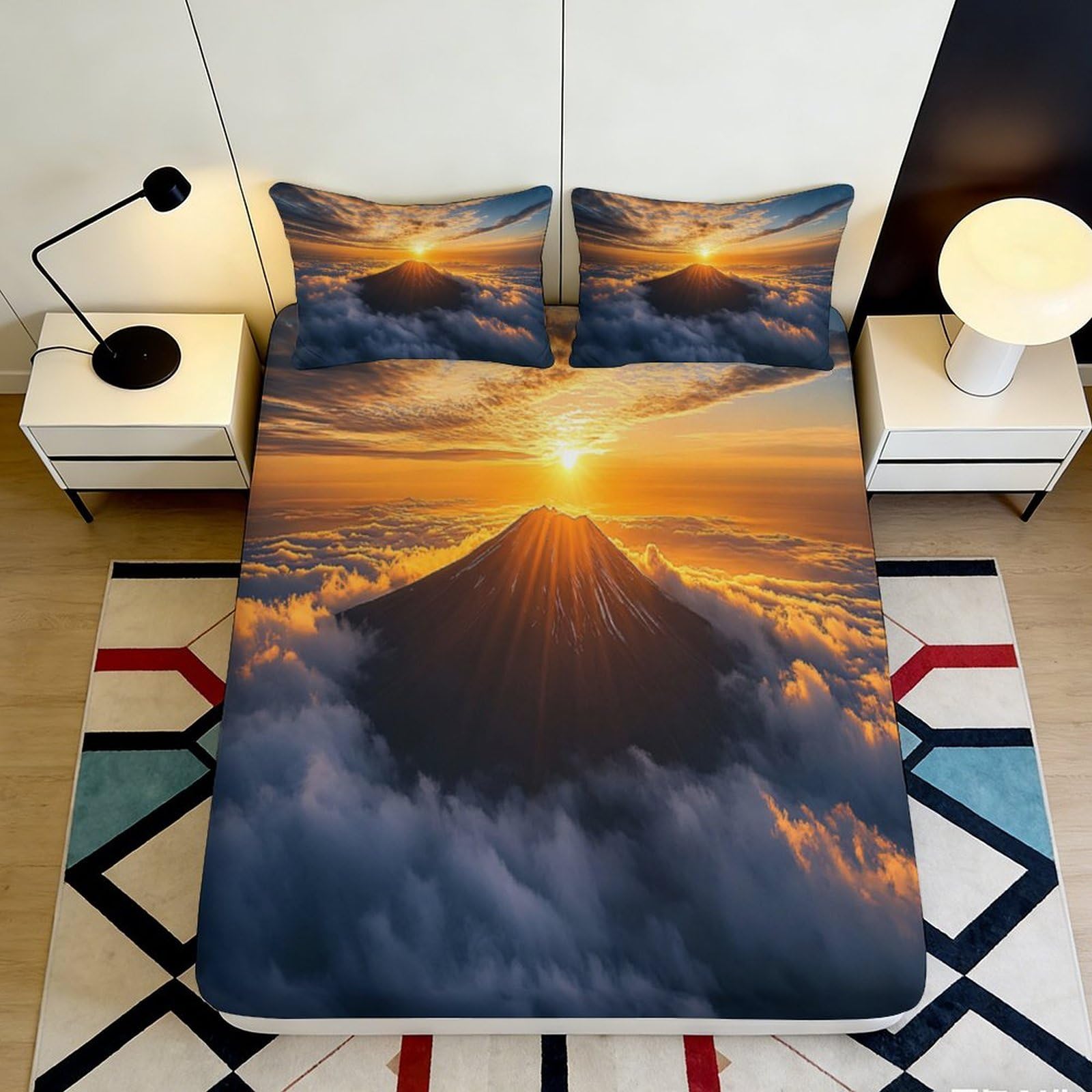 3D Printed Sunrise Mountain Fitted Sheet Microfiber Soft Anti-Slip Sunset Clouds Bed Cover for Bedroom Guest Room Decor 90x200x25cm