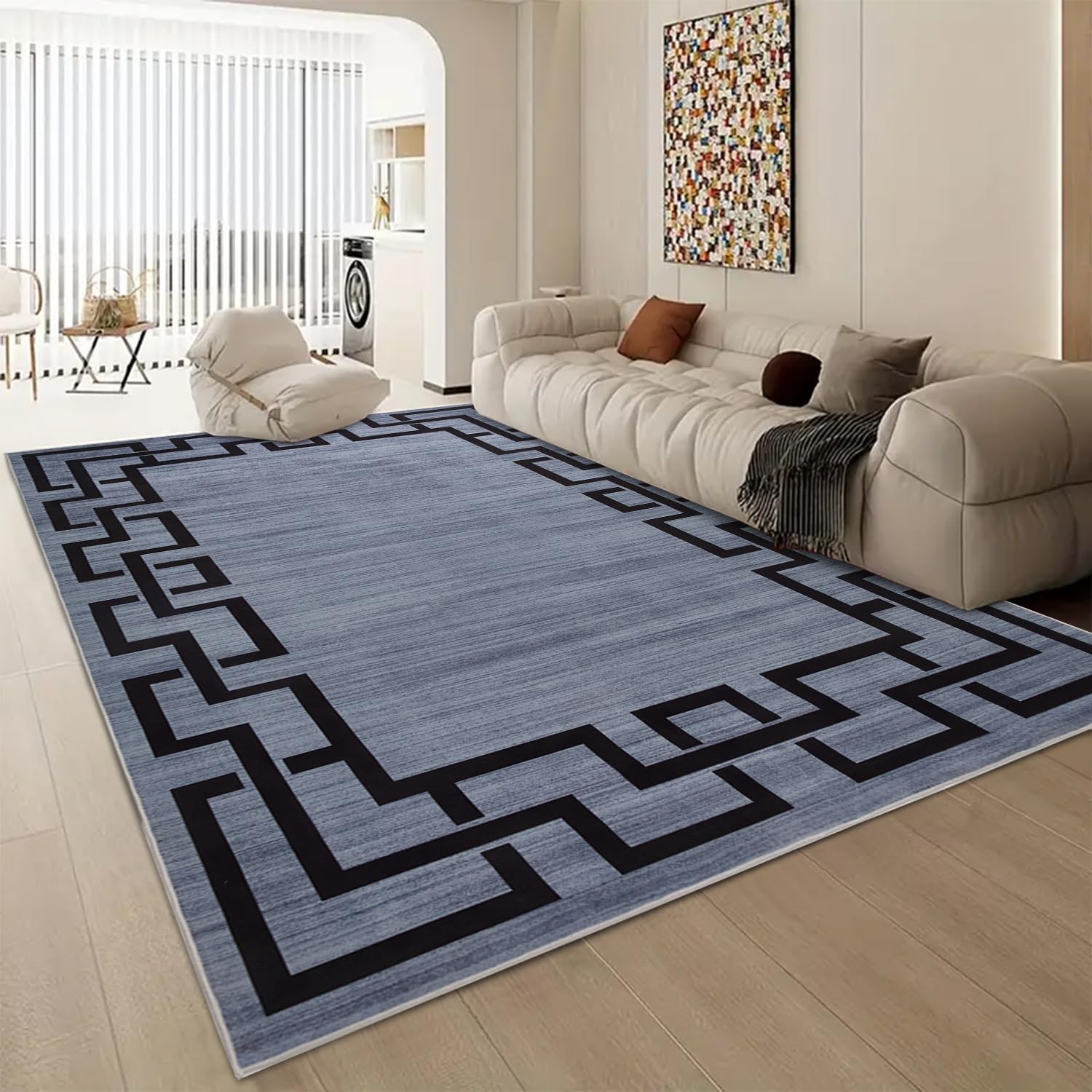 Aspire Homeware Rugs living room Large 200x290 cm Bedroom Rug – Easy to Clean Greek Key Style Grey Rugs - Anti-Slip Backing Floor Carpets for Kids room, Office, Dinning Room (Nico)
