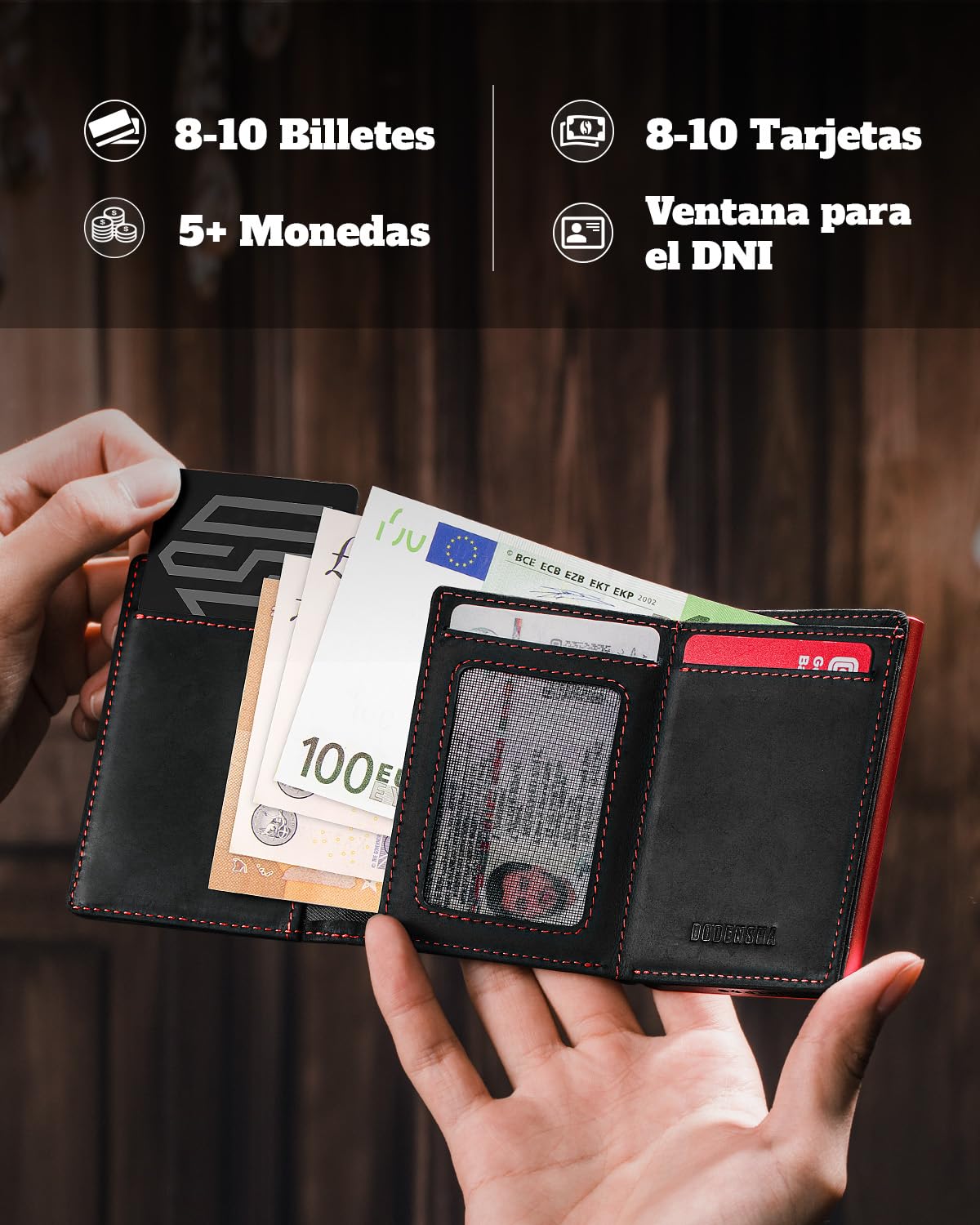 DODENSHA Cartera de Hombre Portátil de Cuero Genuino Marrón con Protección RFID, 10+ Tarjetas de Crédito, Portamonederos, Cierre Magnético, negro / rojo, 10cm x 6.5cm x 2cm, Minimalista