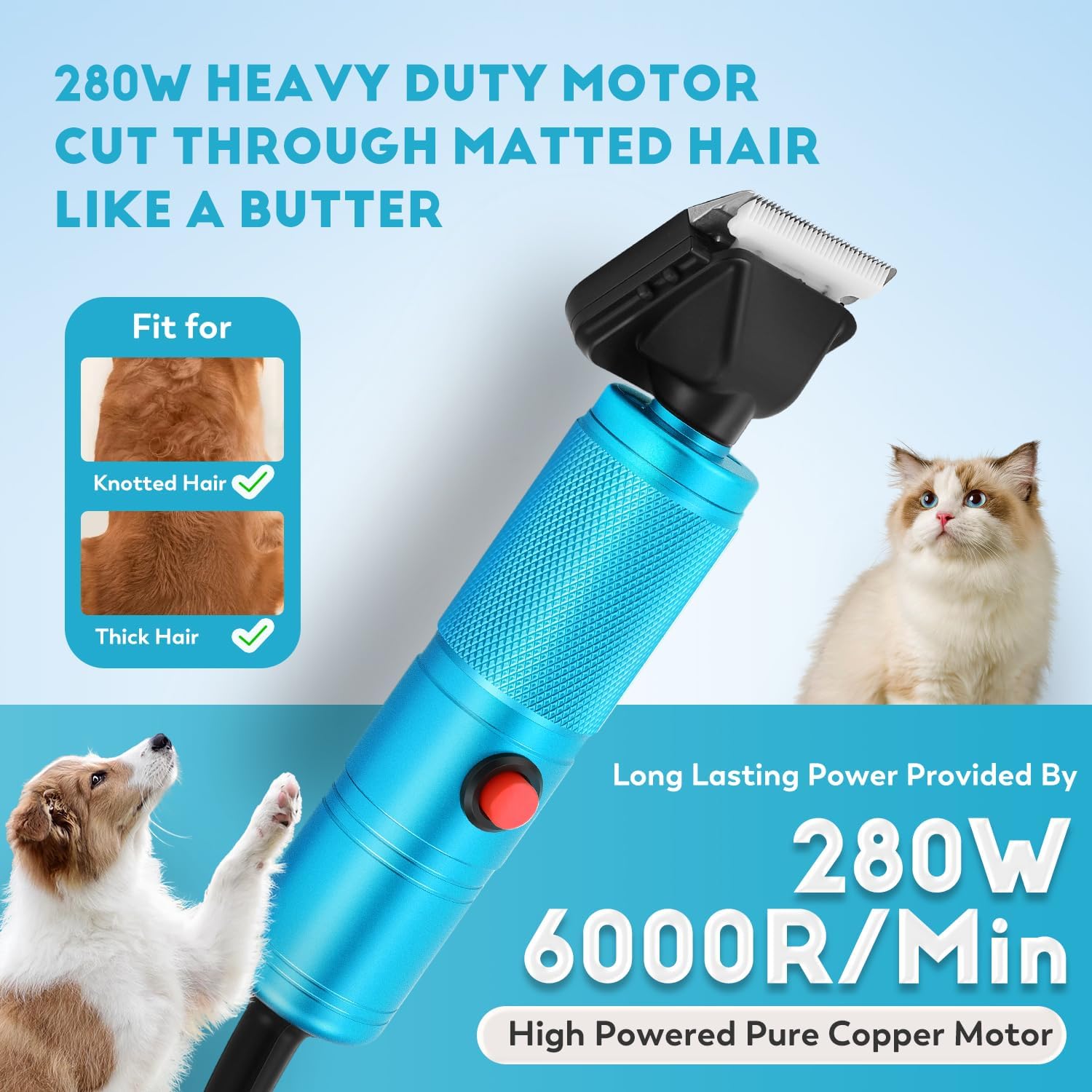 CGOLDENWALL Dog Hair Clippers 280W, 2000-6000RPM Continuous Speed Control, Low Noise< 50DB, Ideal for Pets of All Types of Coat, with 2 Blades & 2 Combs (3/6mm, 9/12mm) 4