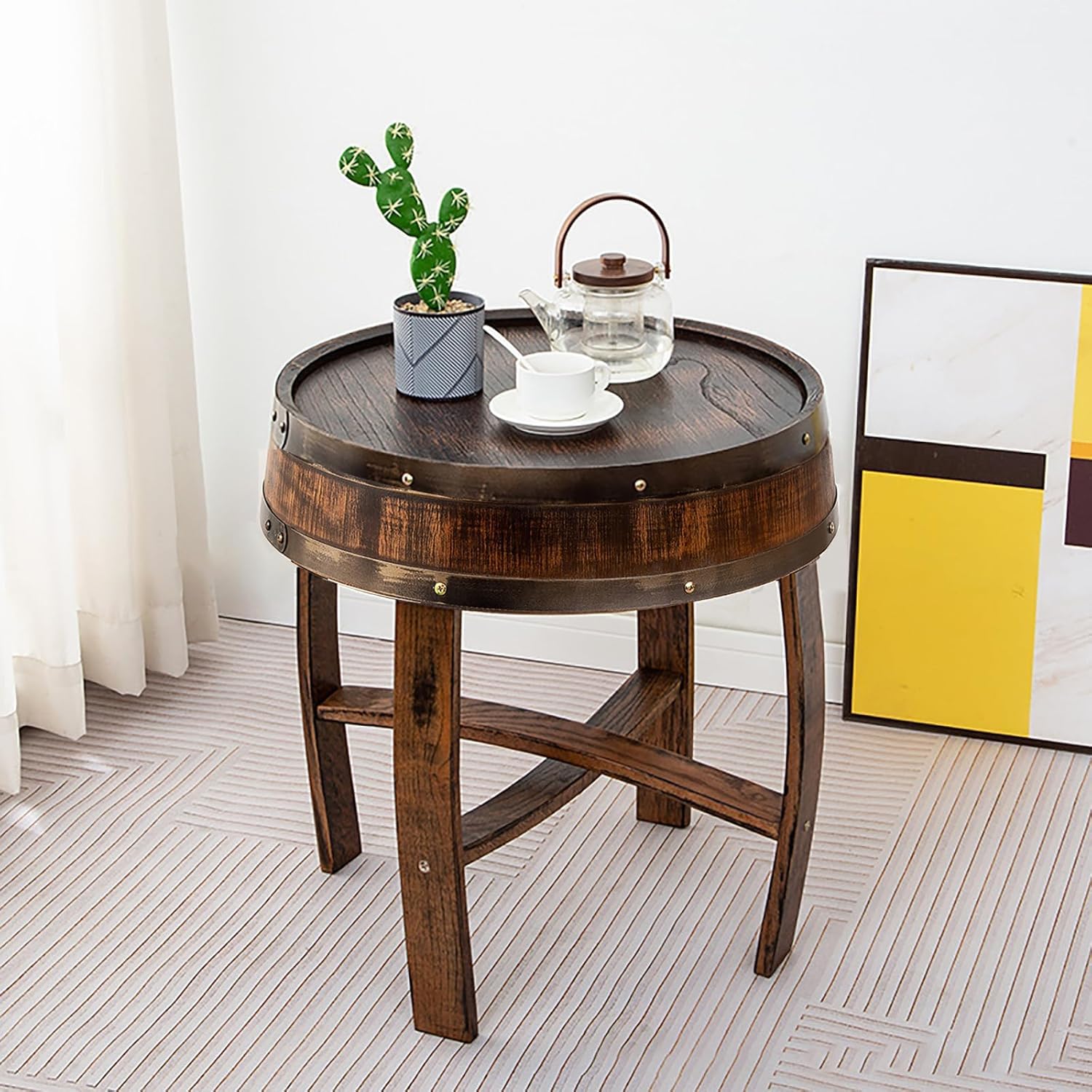 Mesa auxiliar redonda rústica, hecha a mano, de madera de roble, decoración única de mesa de café para el hogar y la sala de estar