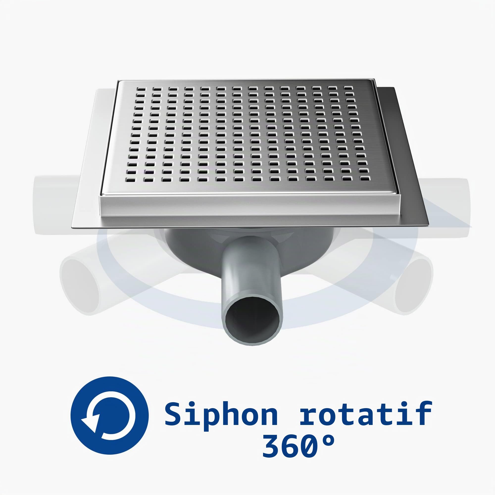 DN50 DN40 Canne de Douche carrée 20 x 20 cm, Siphon 360 ° avec Anti-odeurs et passoire à Cheveux en Acier Inoxydable gouttière d'évacuation de Sol très Plat