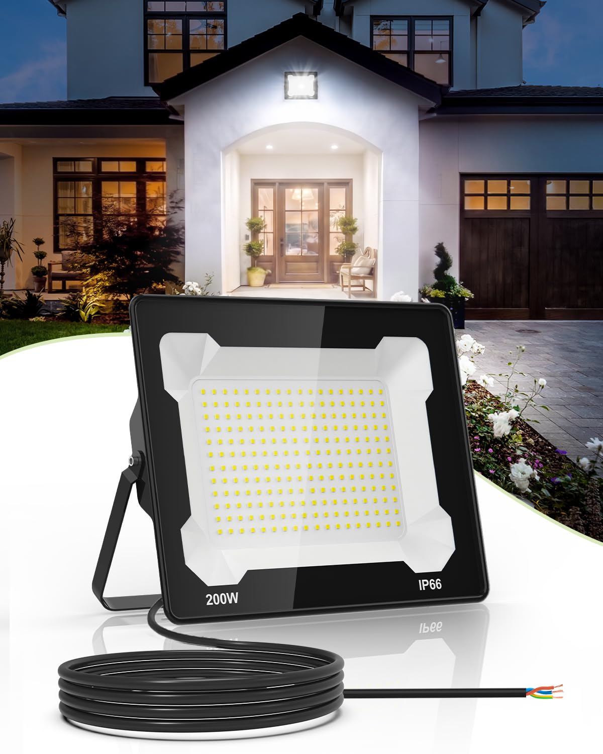 Faretto LED da esterno da 200 W, 20.000 lm con angolo del fascio di 120°, luce bianca fredda 6500 K, lente in policarbonato antiriflesso, impermeabile IP66; ideale per cortile, vialetto.