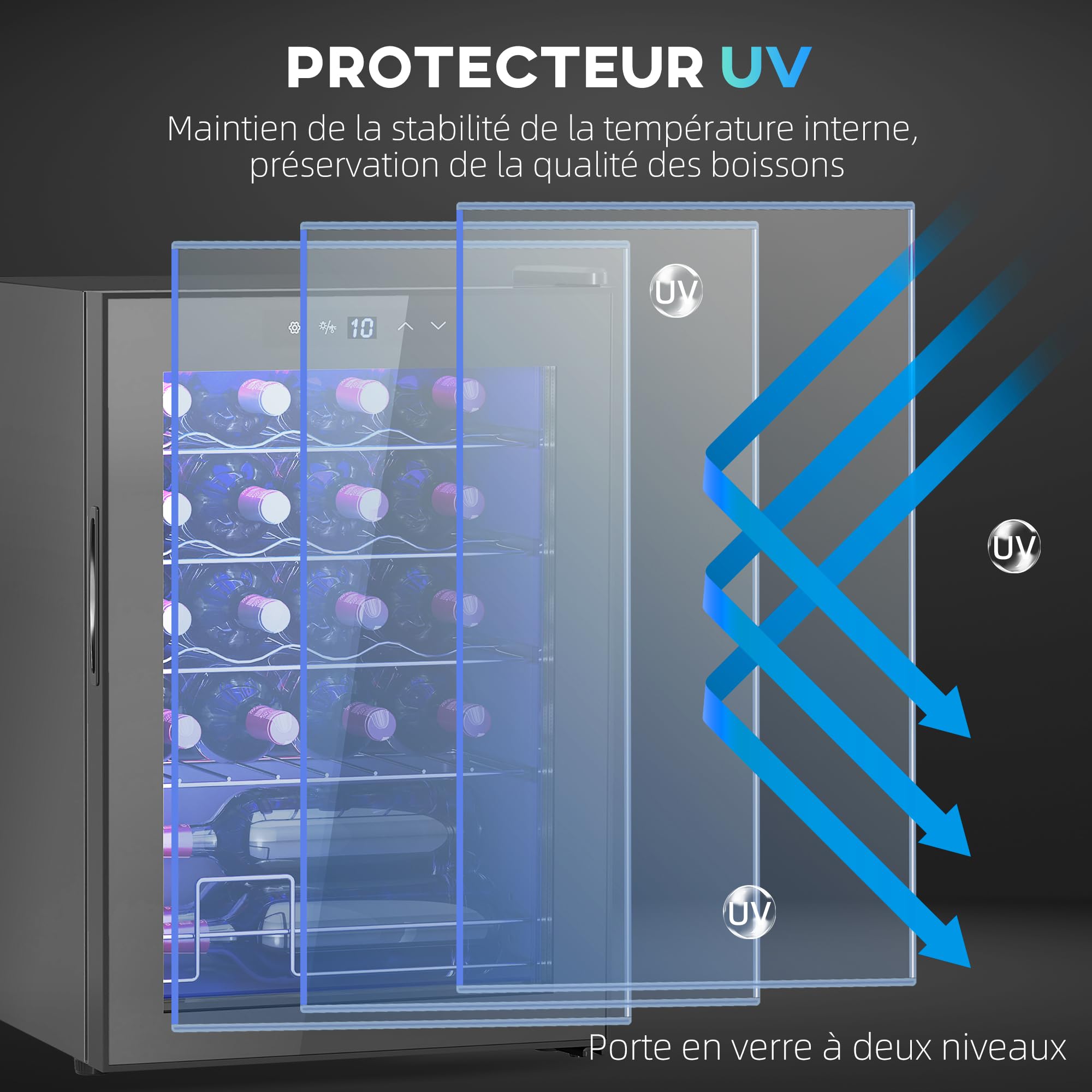 HOMCOM Cave à Vin 20 Bouteilles 53L, Réfrigérateur à Vin Silencieux Porte Verre LED Écran Tactile Numérique Contrôle Température 5-18°C Protection UV Noir