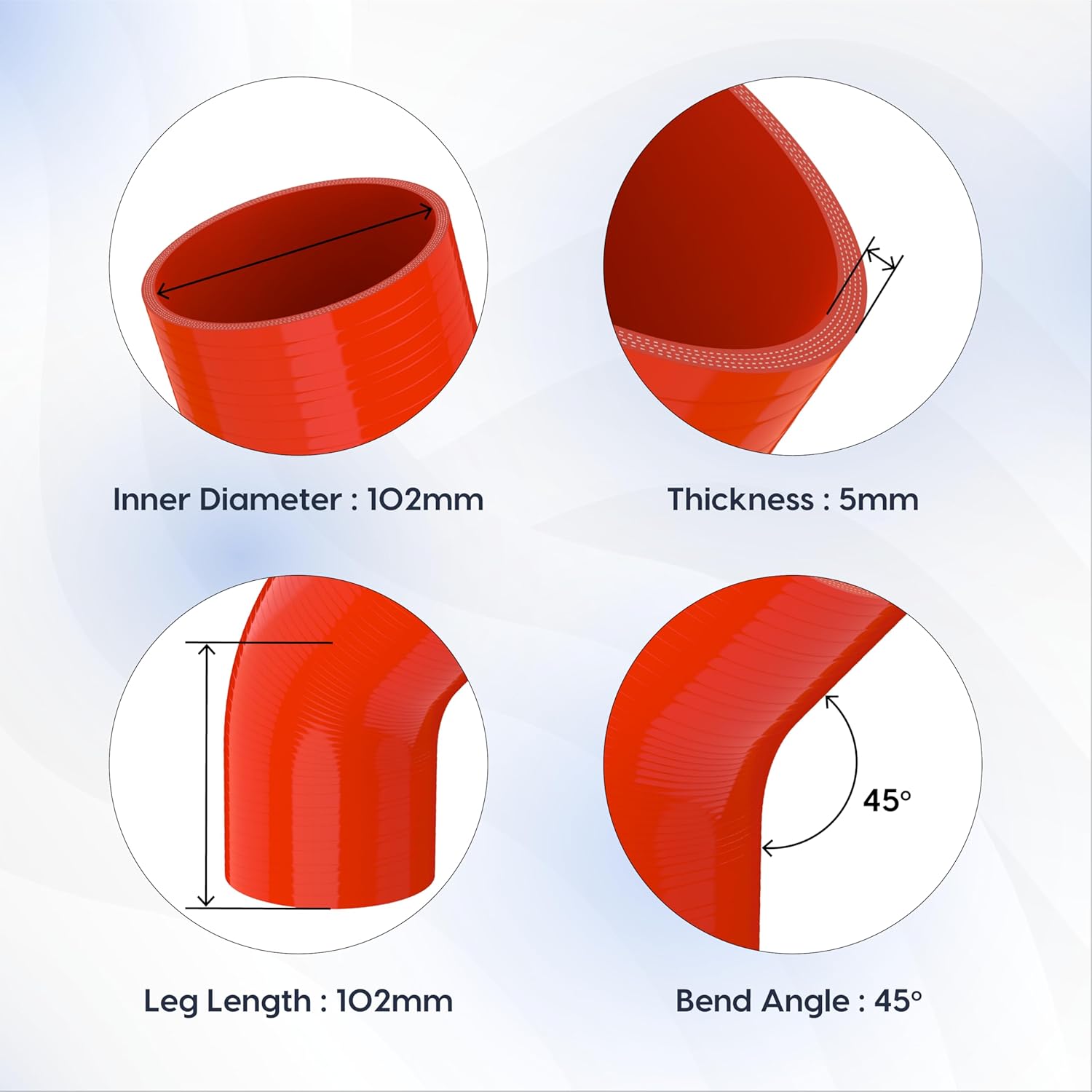 Endure 90 & 45 Degree Elbow Coupler Silicone Hose 4-Ply, 4" (102mm) Couplers for High Performance Vehicles, Intake Piping, Length(102mm), Thickness (5mm) - Red