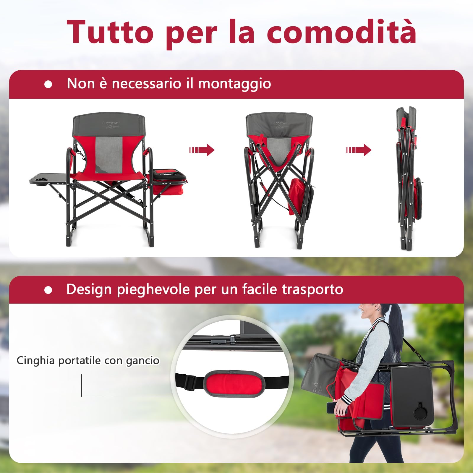 COSTWAY Sedia da Campeggio Pieghevole, Sedia da Regista Robusta con Tavolino, Borsa Frigo, Borsa Portaoggetti e Cinghia, Portata 180 kg, per Campeggio Escursione Pesca Picnic (Rosso)