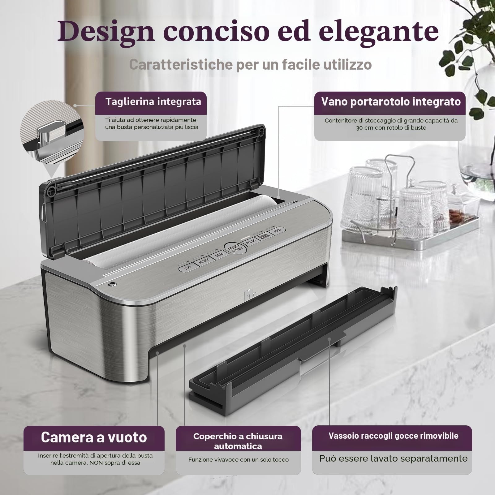 Mesliese 85kPa 120 W, macchina per sigillatura automatica degli alimenti, potente sistema di sigillatura, taglierina integrata, contenitore per sacchetti, 2 rotoli di sacchetto (Acciaio inossidabile)