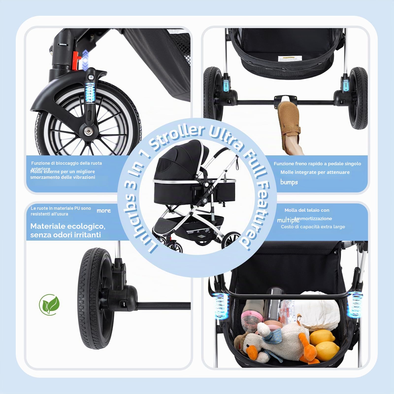 Passeggino 3 in 1,Passeggino Pieghevole Rapido con Un Solo Clic,Passeggino Reversibile Alto con Cesta per la Nanna Allargata,Pushchair Reversibile è Bloccabile Sulle Ruote Anteriori(Nero)