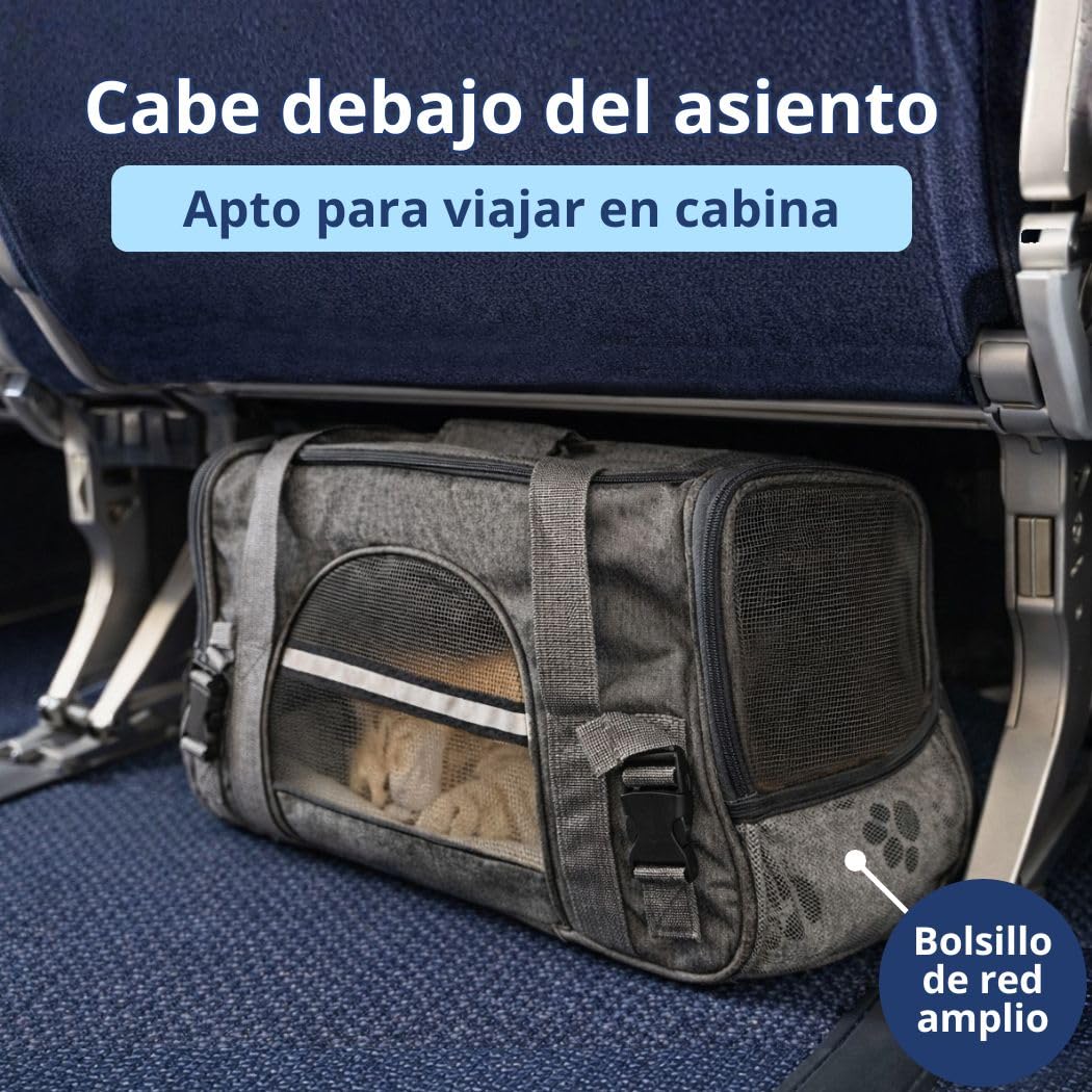 Transportin Gato con ventilación 360° y colchón Suave, Incluye Kit de Viaje con Plato Plegable, Toalla y Porta Bolsas, Seguro para Coche o avión Cabina, transportin Perro pequeño | Gris