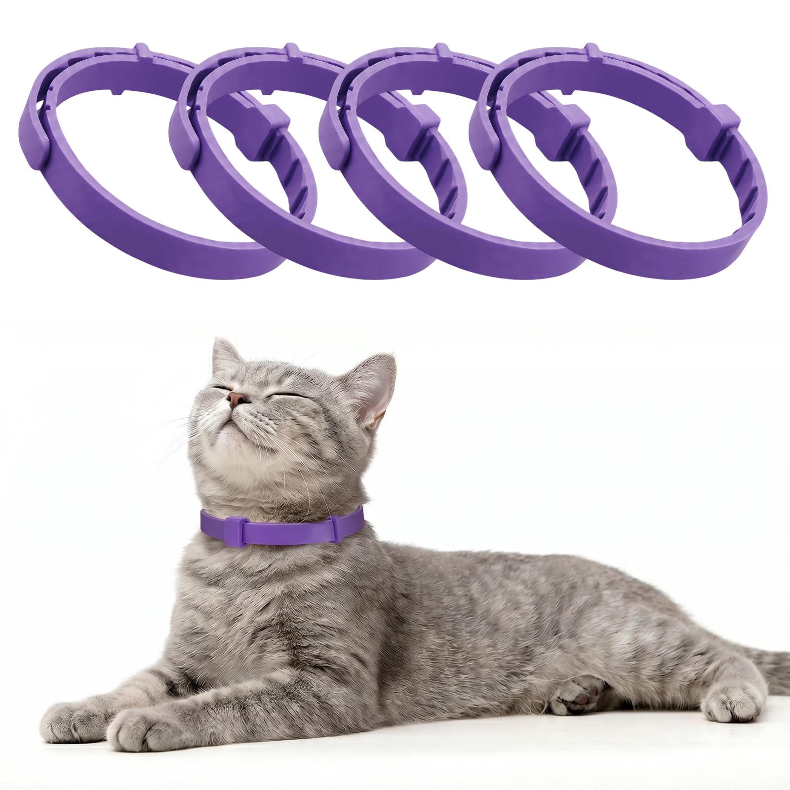 4Pcs Cat Calming Collar, Adjustable Cat Collar with Gentle Soothing Scents Waterproof & Adjustable Collars for Cats Kitten Puppy, Long-Lasting 30-Day Effect (Purple)