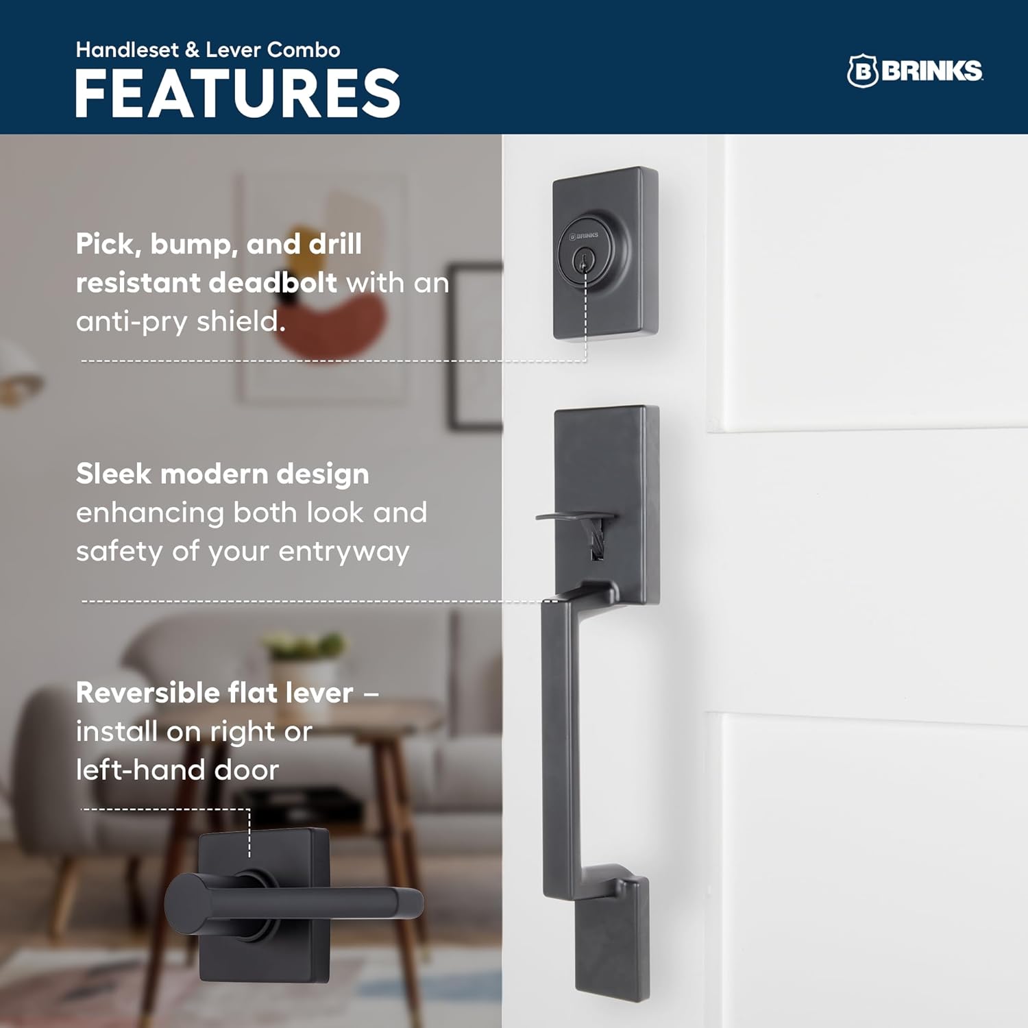 BRINKS Contemporary Keyed Entry Door Handleset with Lever and Deadbolt, Modern Front Door Lock Set, Easy Install, Pick-Resistant (Straight Lever, Matte Black)