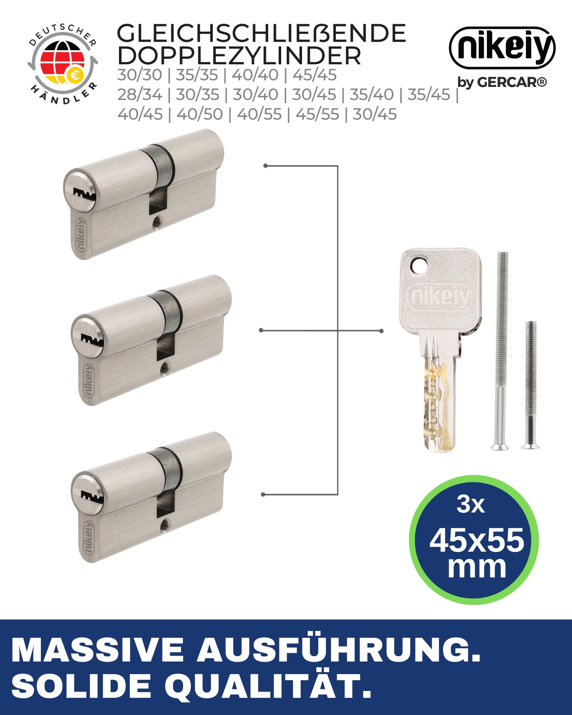 GERCAR Pro Lot de 3 cylindres de serrure, massifs, à profil identique, double cylindre, en laiton mat, avec 10 clés, clé réversible, longueur : 100 mm, A : 45 B : 55