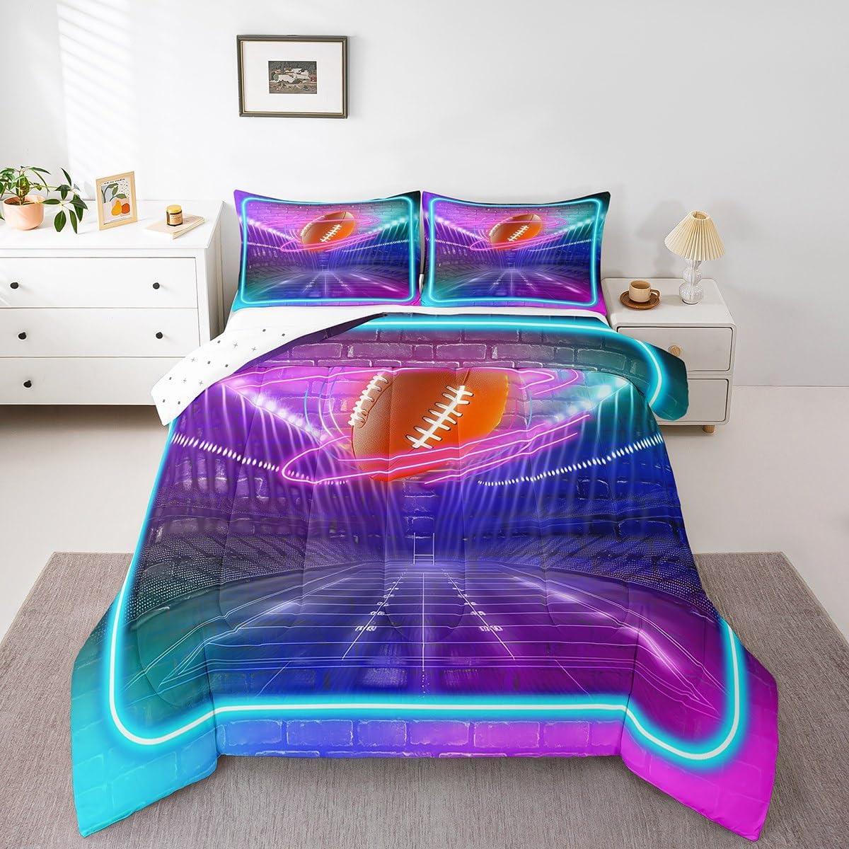 Feelyou Football Rugby Bedding Set Boys Full Size Stadium Field Comforter Set for Kids Teens Adult Sport Theme Duvet Set 3D Fluorescence Quilt Set 3Pcs