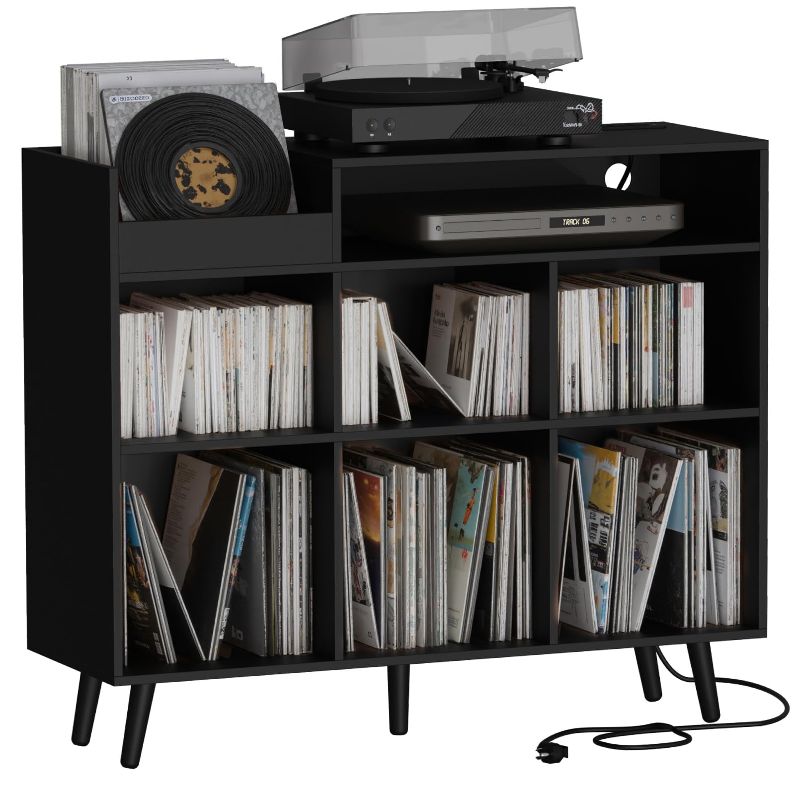 Cozy Castle Large Record Player Stand with Vinyl Storage Cabinet, Wood Turntable Table Open Shelf Holder Up to 500 Albums Cube Storage Organizer for Living Room, Office, Black