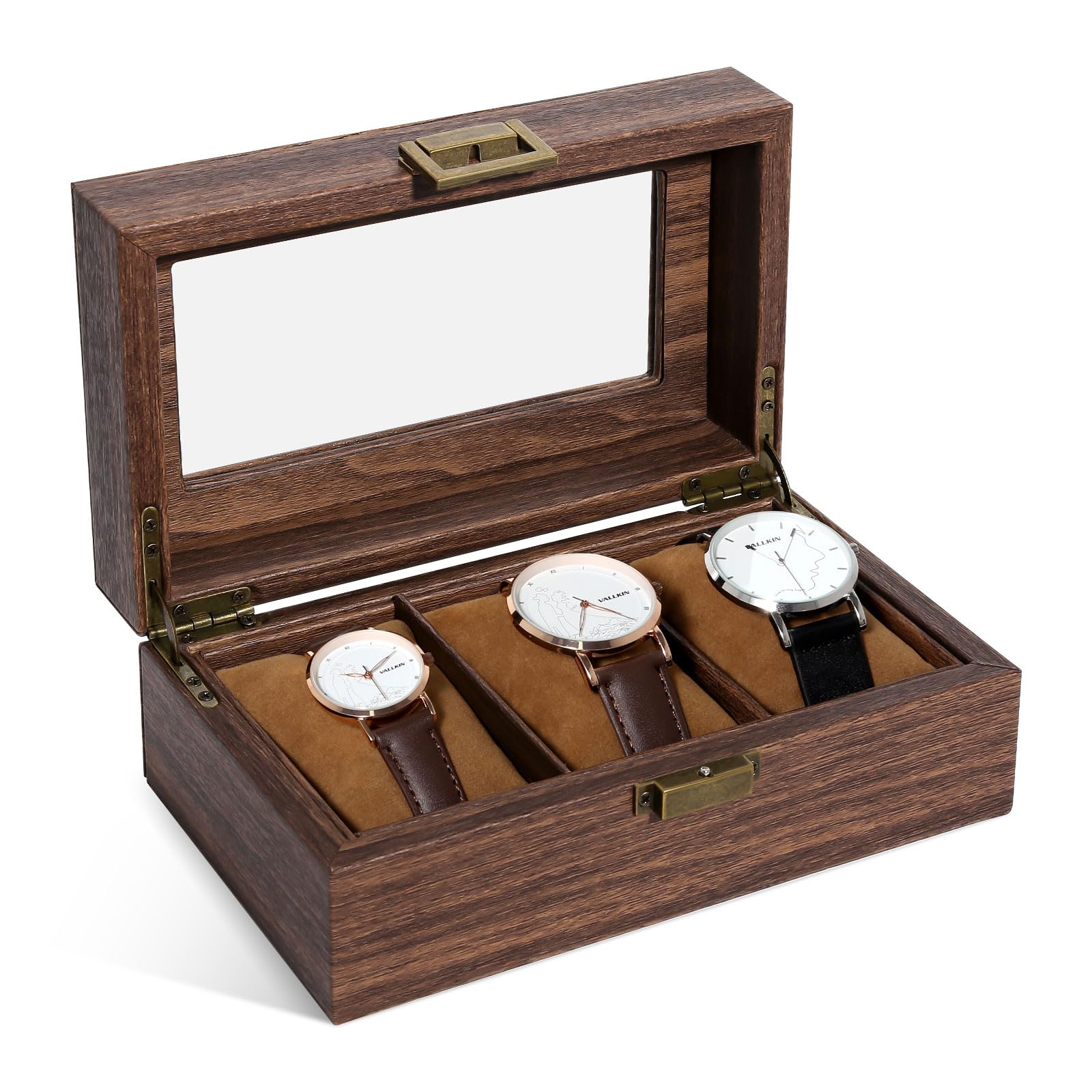 Uten Watch Box 3 Slots, PU Leather, Glass Lid, Gifts for Men and Women