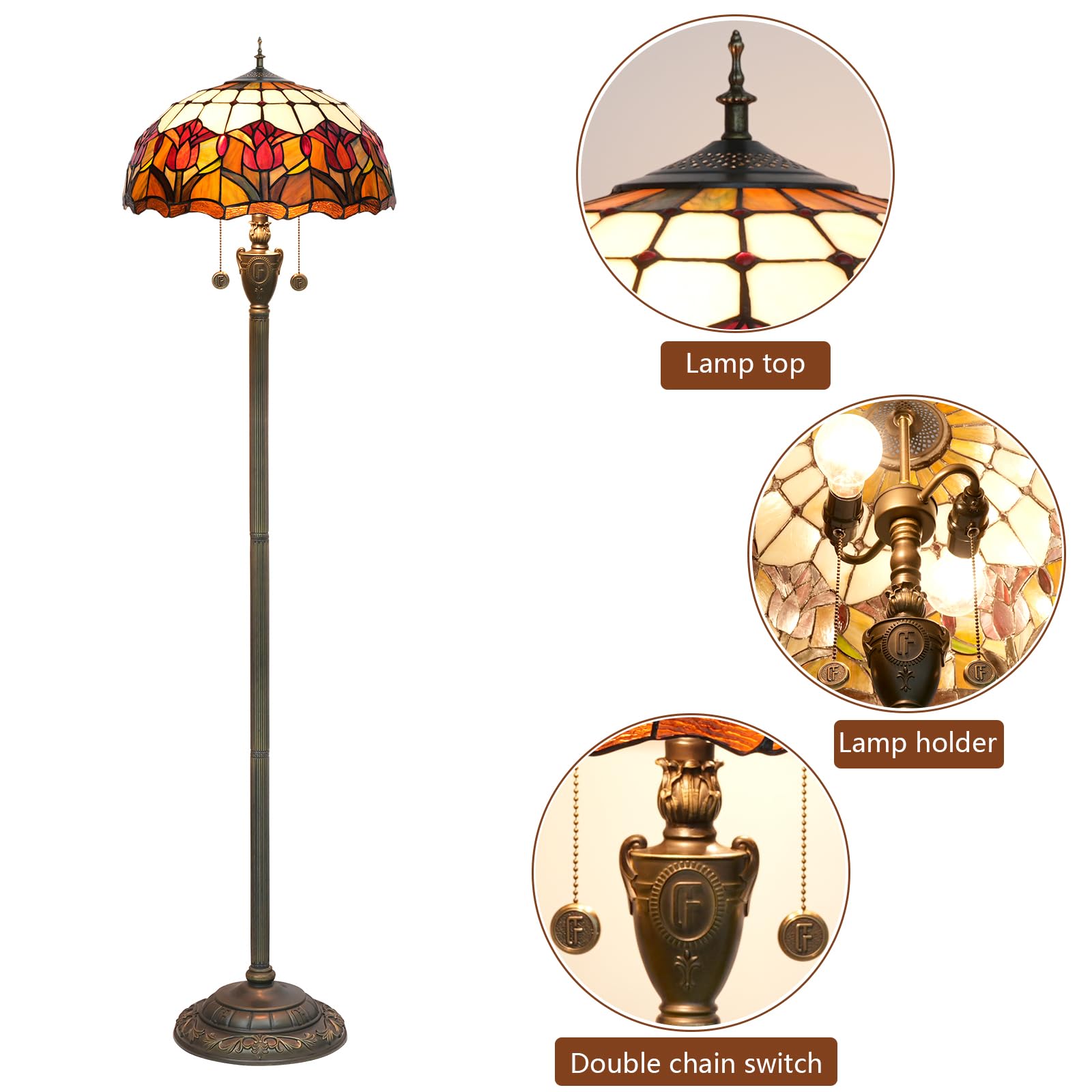 Lampa podłogowa Tiffany w stylu czerwonego tulipana Lampa podłogowa ze szkła witrażowego Jasne oświetlenie Rustykalna lampa stojąca do dekoracji wnętrz Salon Sypialnia
