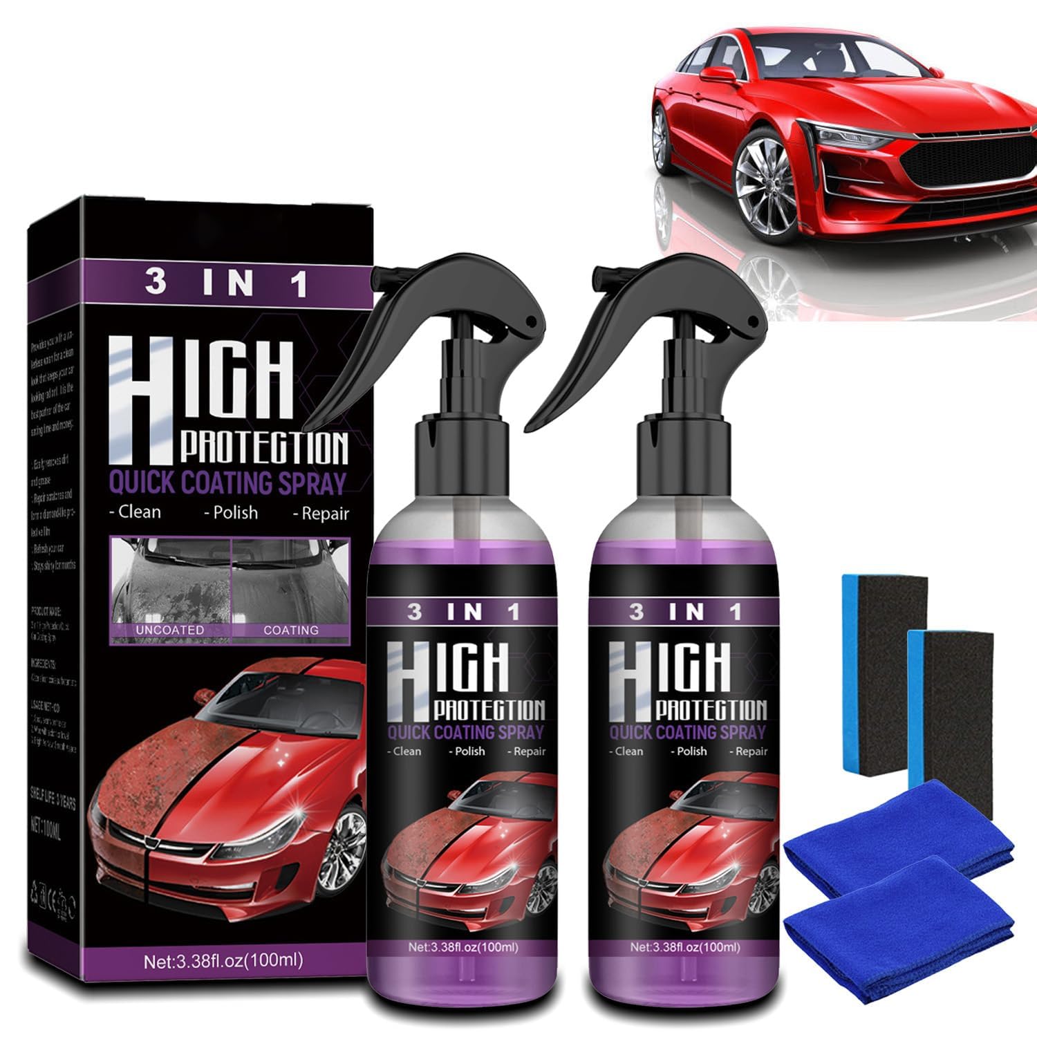 Generic 2-Pack 3-in-1 High Protection Quick Car Coating Spray - 100 ml Each, Ceramic Nano Spray for Metal, Plastic, Glass & Ceramic Surfaces