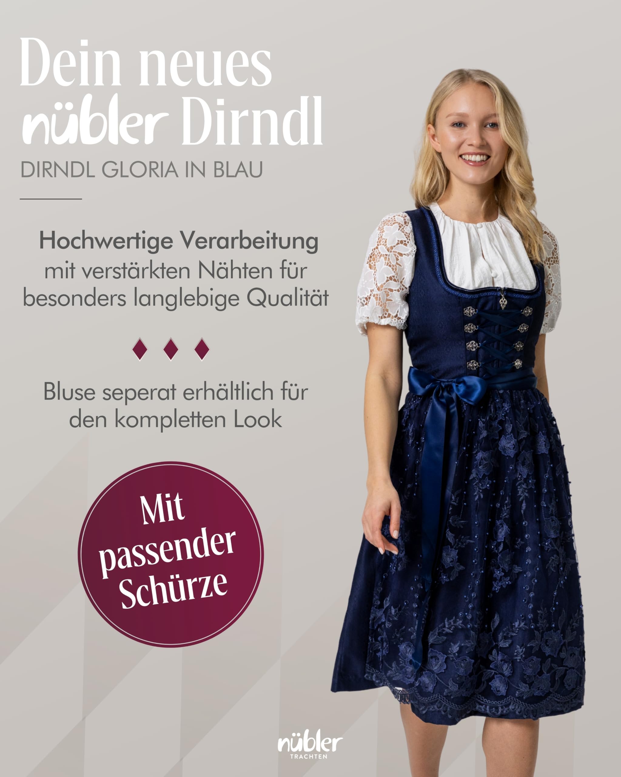 Nübler Damen Dirndl Gloria I Größen 30-48 I Midi-Dirndl mit Rocklänge 60 cm & passender Schürze I Festliches Trachtenkleid mit modernem Schnitt & dezenten Details I Ideal für Trachten & Festlichkeiten