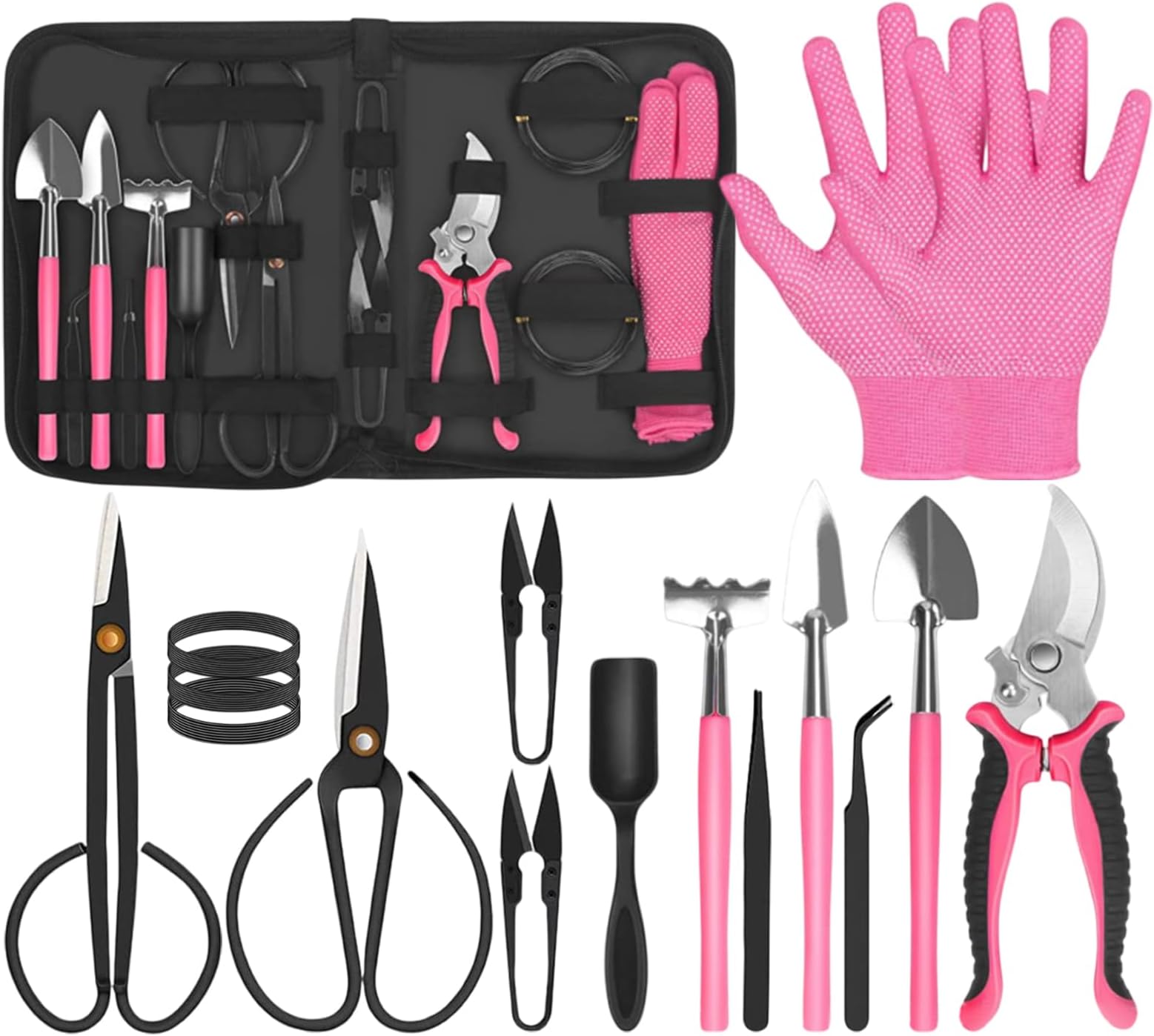 16PCS Bonsai Tools Set for Beginners, Professional Bonsai Tree Kit with Pruning Scissors, Trimming Shears, and Gardening Tools - Perfect for Bonsai Care and Starter Kit (Pink)