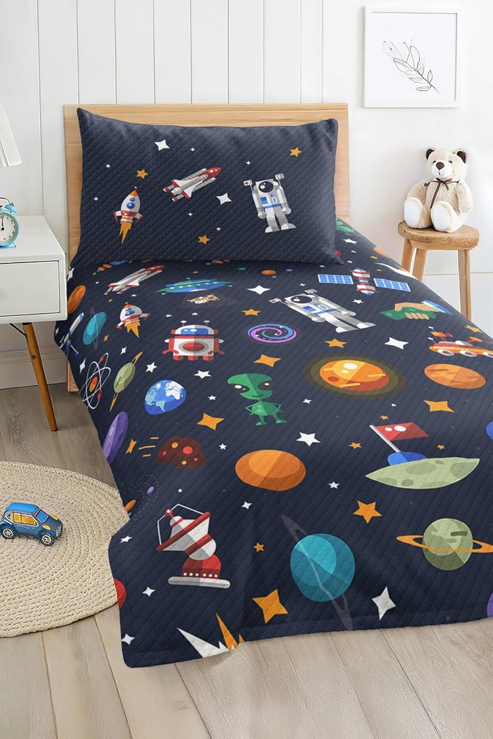 SODEF Quilt Set Space Astronaut and Planet Pattern Navy Blue Kids Twin, 2 Piece Cotton Polyester Blend, Twin Size - Multicolor, One Size