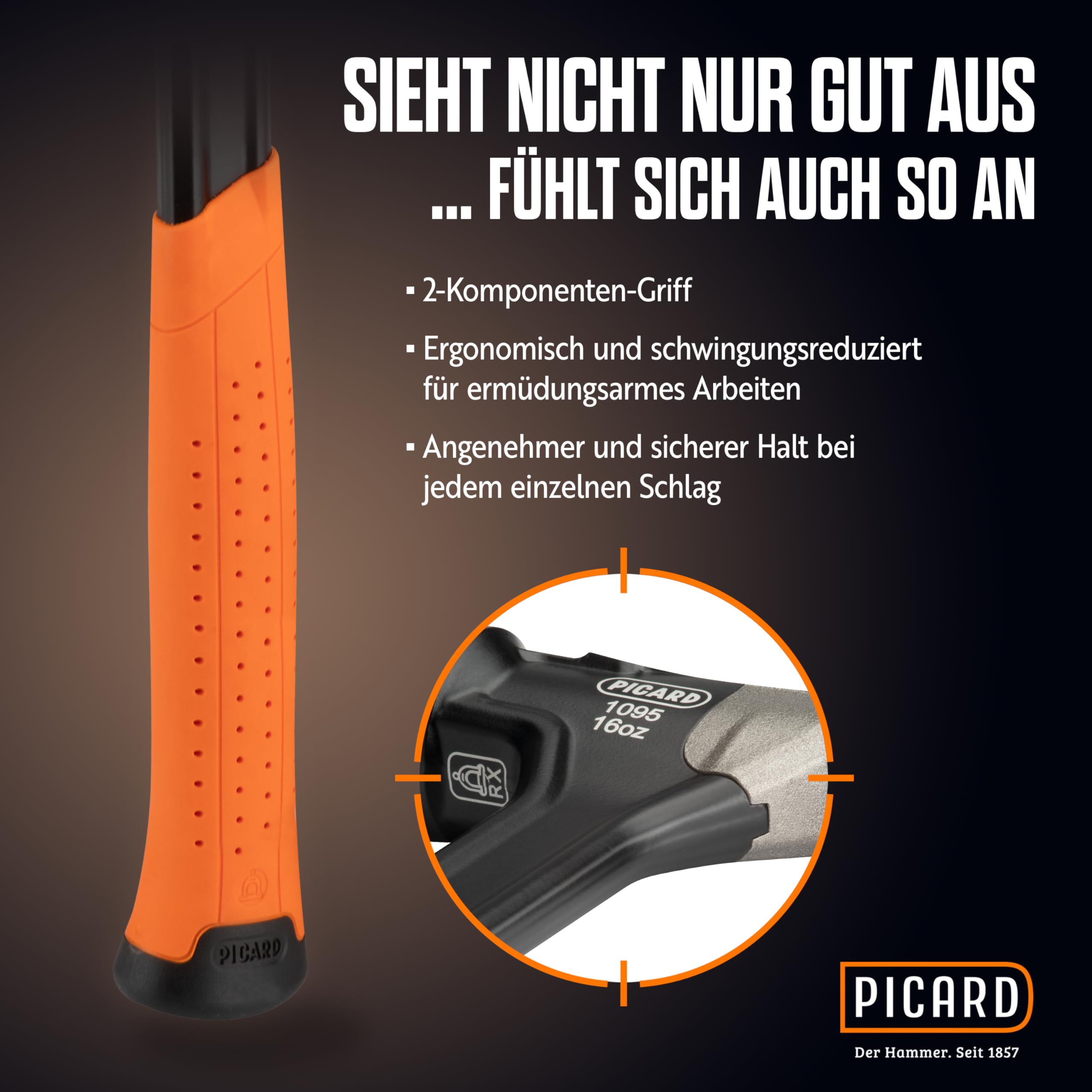PICARD Framing-Hammer AluTec Nr. 1095 geraut | Aluminium und geschmiedeter Stahl | Ergonomischer 2 Komponenten-Griff | 780g | 405mm Länge | 140mm Breite | Profiwerkzeug für Dachdecker