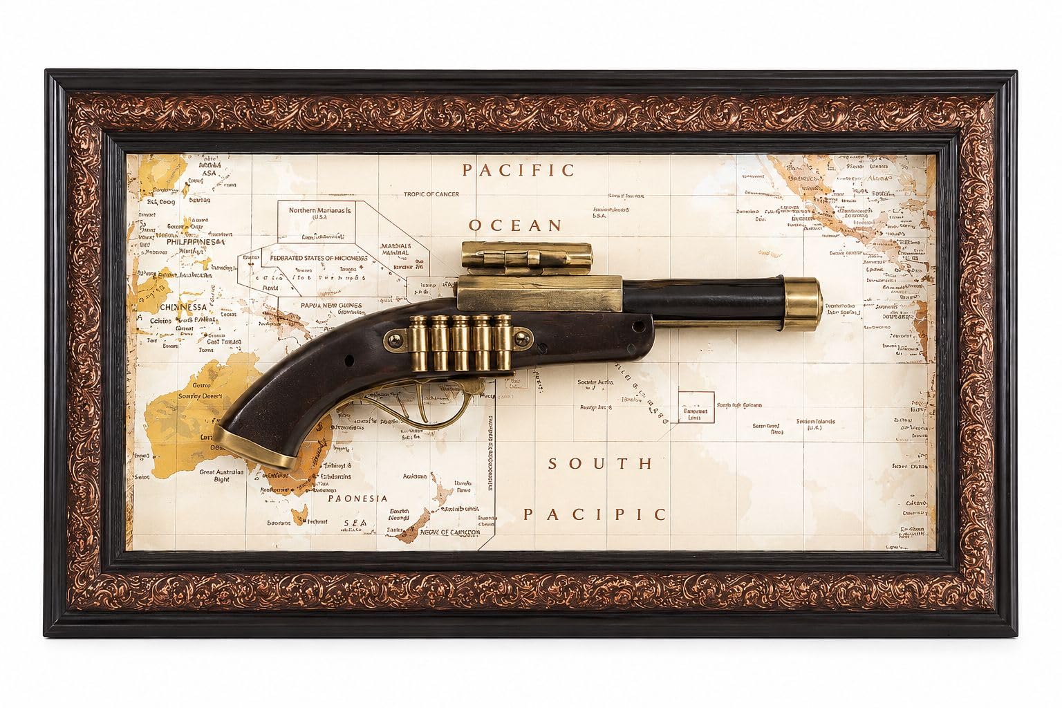 Vintage Gun Map Wall Frame | Antique Pistol Design Decorative Wall Art Frame | Classic World Map Background Wall Décor for Living Room, Office & Café-image-29